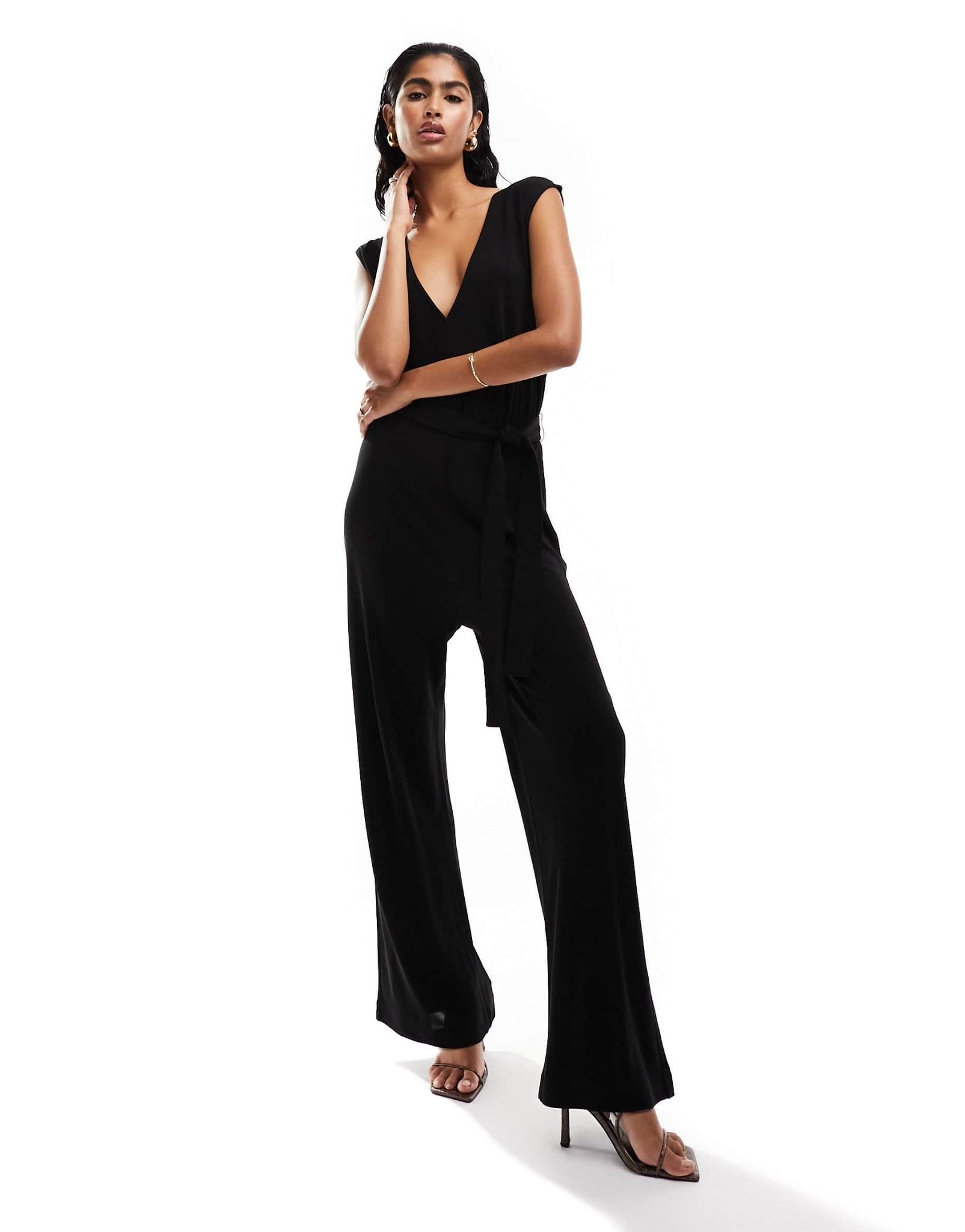 & Other Stories v front sleeveless wide leg jumpsuit with open back and tie waist in black - ASOS Sample Sale