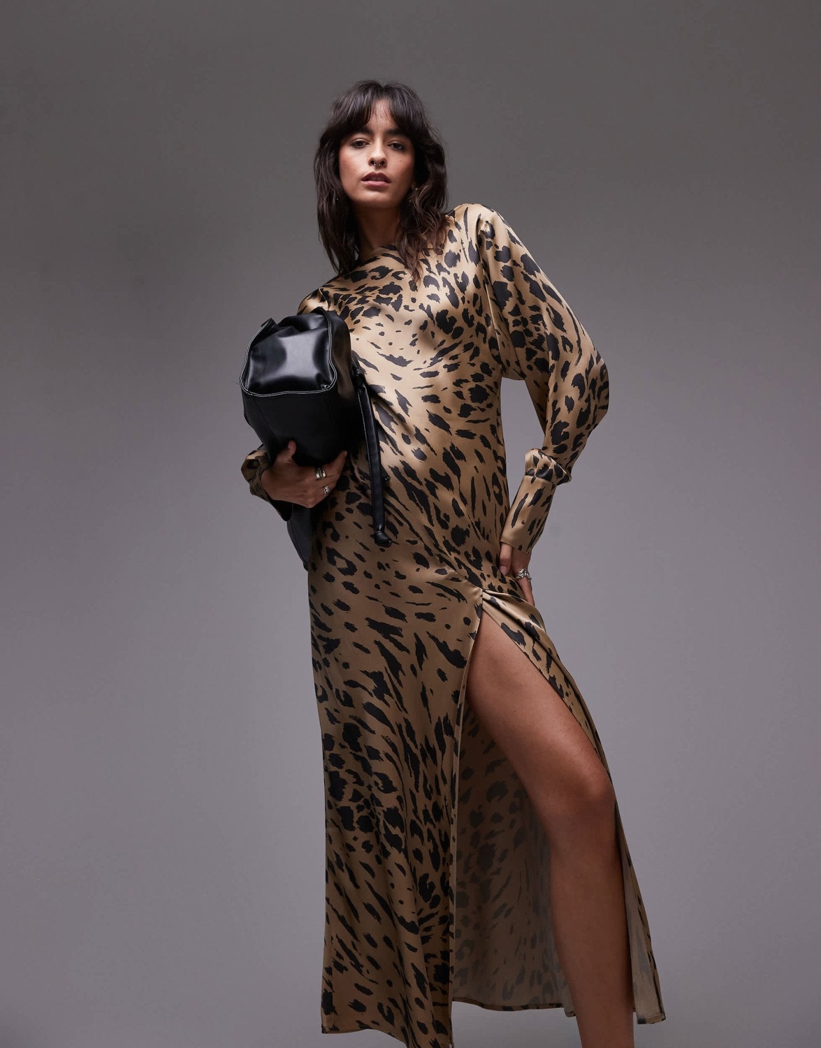 & Other Stories volume sleeve satin maxi dress with drape back detail in leopard print - ASOS Sample Sale