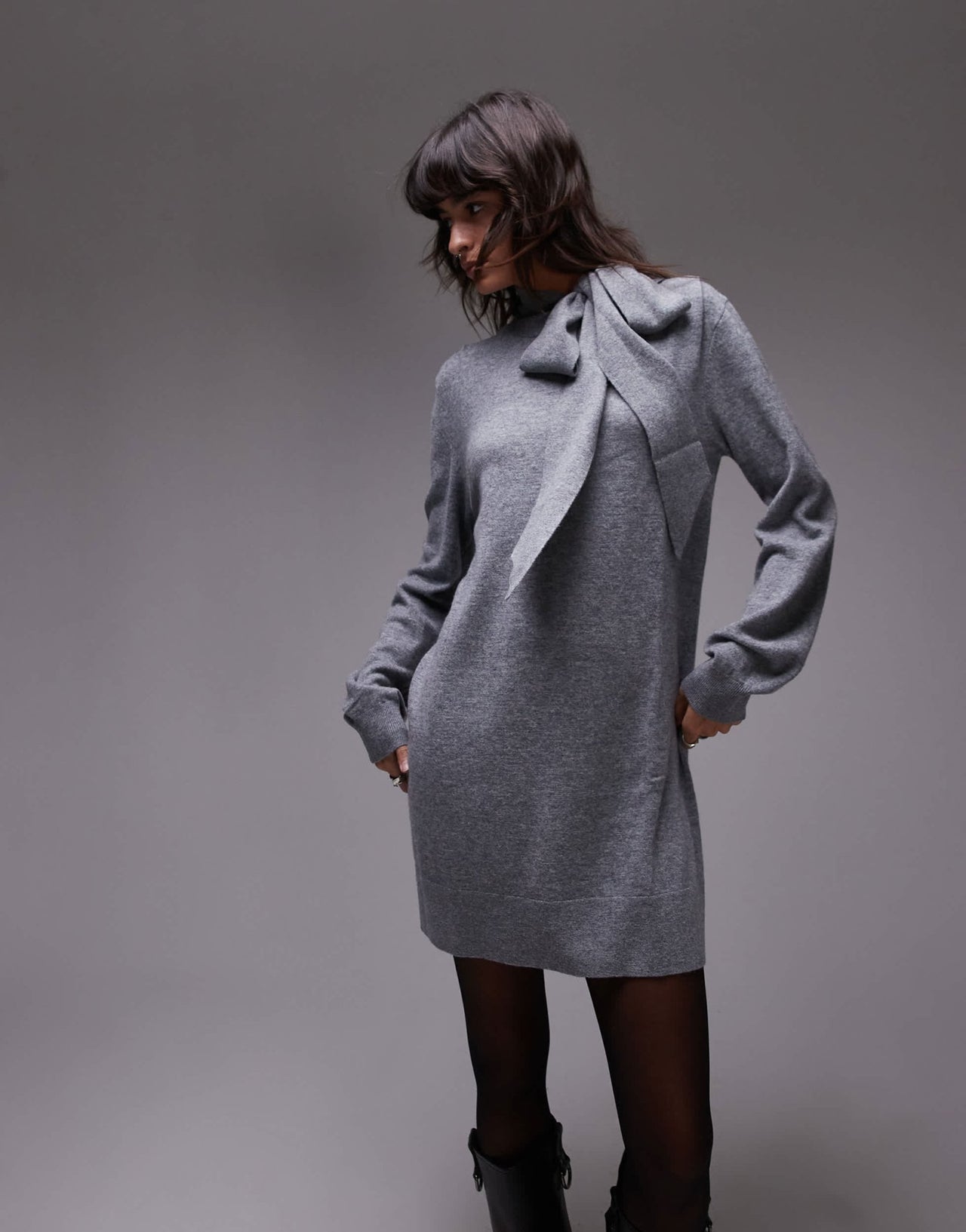 & Other Stories wool knitted mini dress with bow scarf detail in grey - ASOS Sample Sale