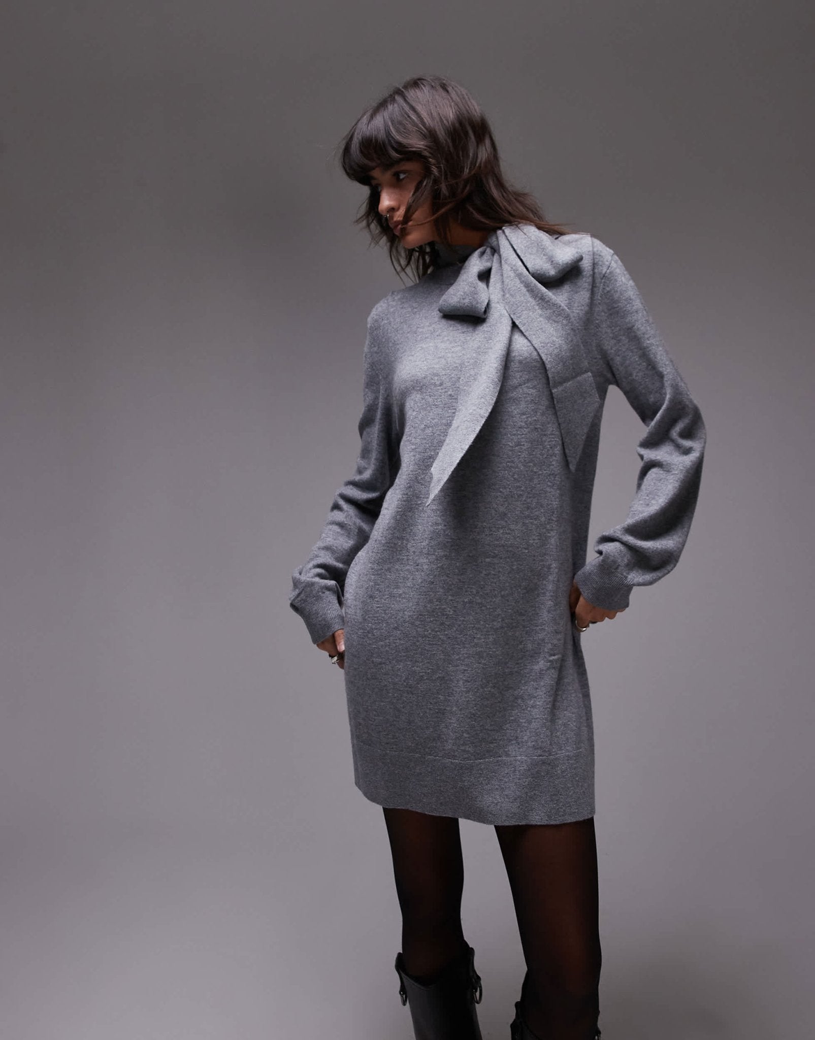 & Other Stories wool knitted mini dress with bow scarf detail in grey - ASOS Sample Sale