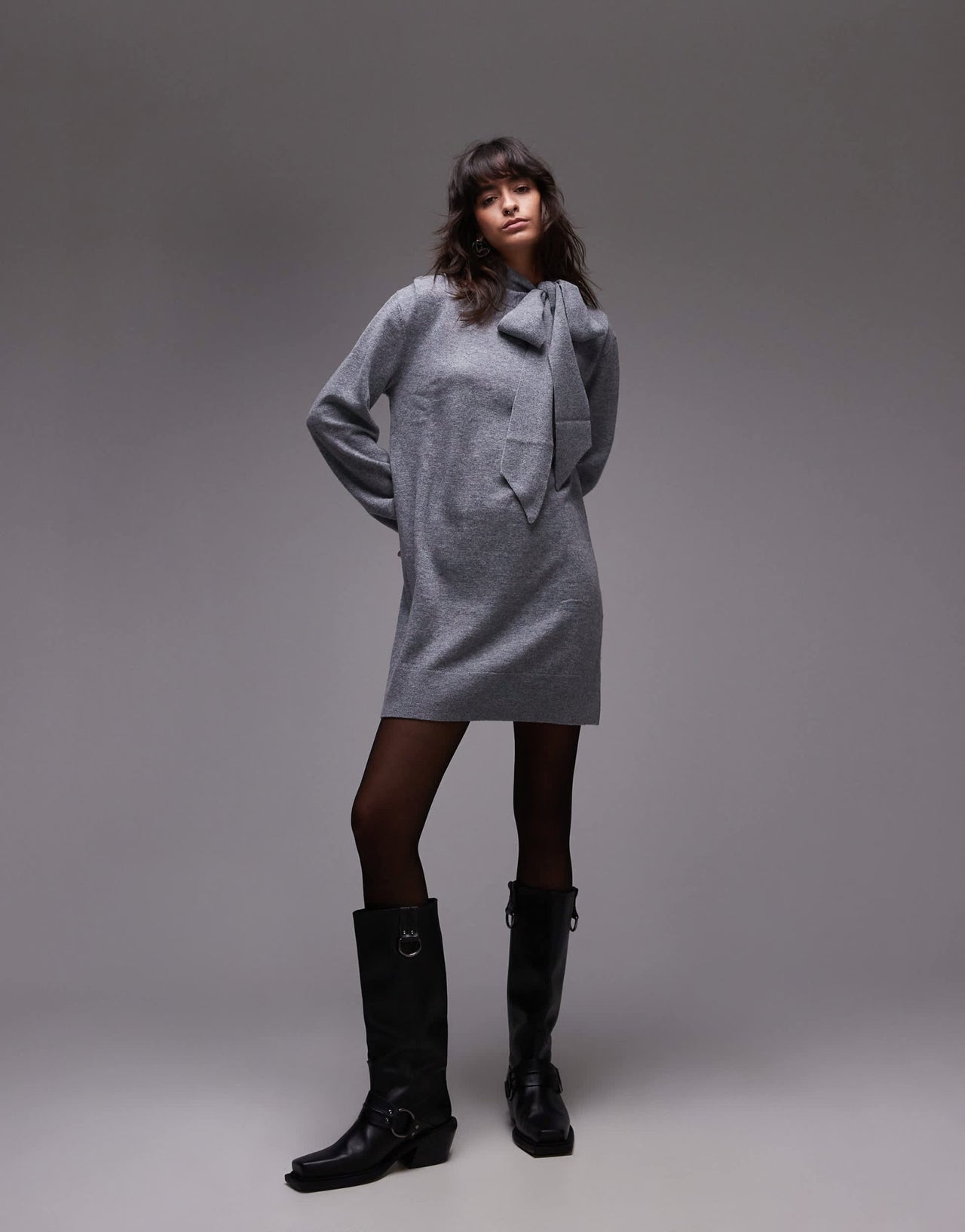 & Other Stories wool knitted mini dress with bow scarf detail in grey - ASOS Sample Sale