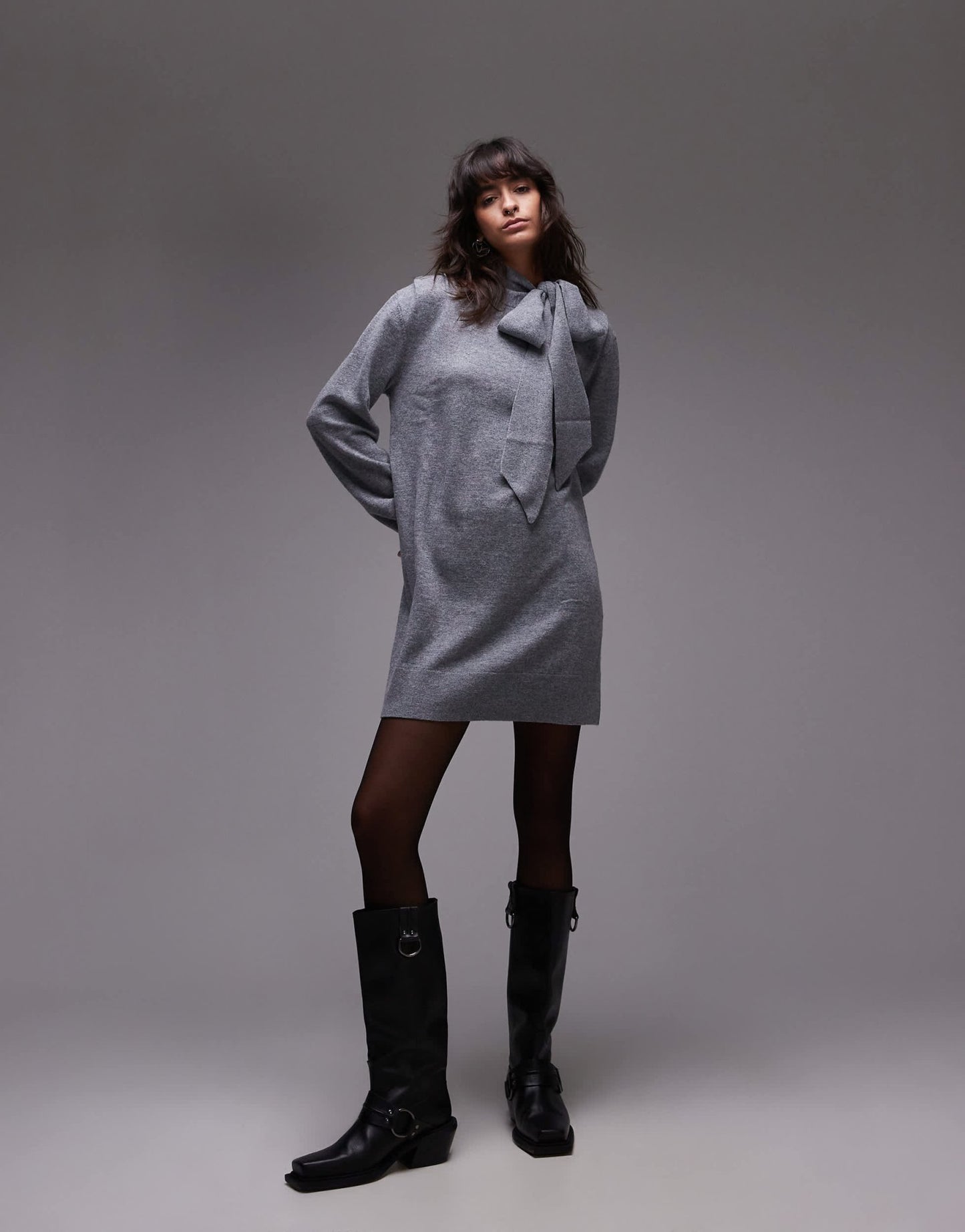 & Other Stories wool knitted mini dress with bow scarf detail in grey - ASOS Sample Sale