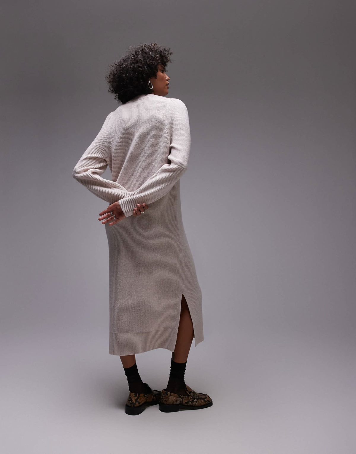 & Other Stories wool midaxi dress with puff sleeves in light beige - ASOS Sample Sale