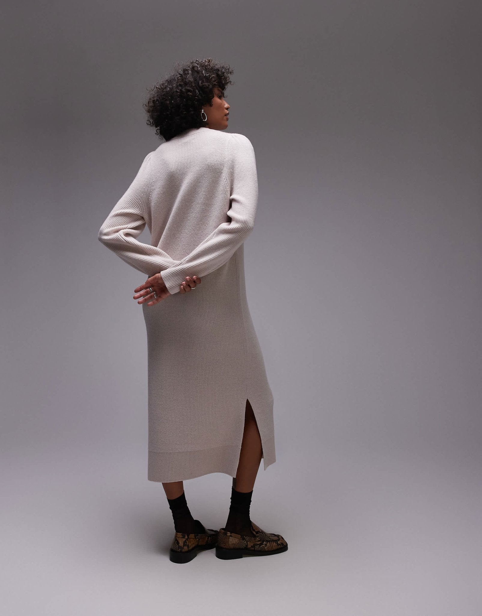 & Other Stories wool midaxi dress with puff sleeves in light beige - ASOS Sample Sale