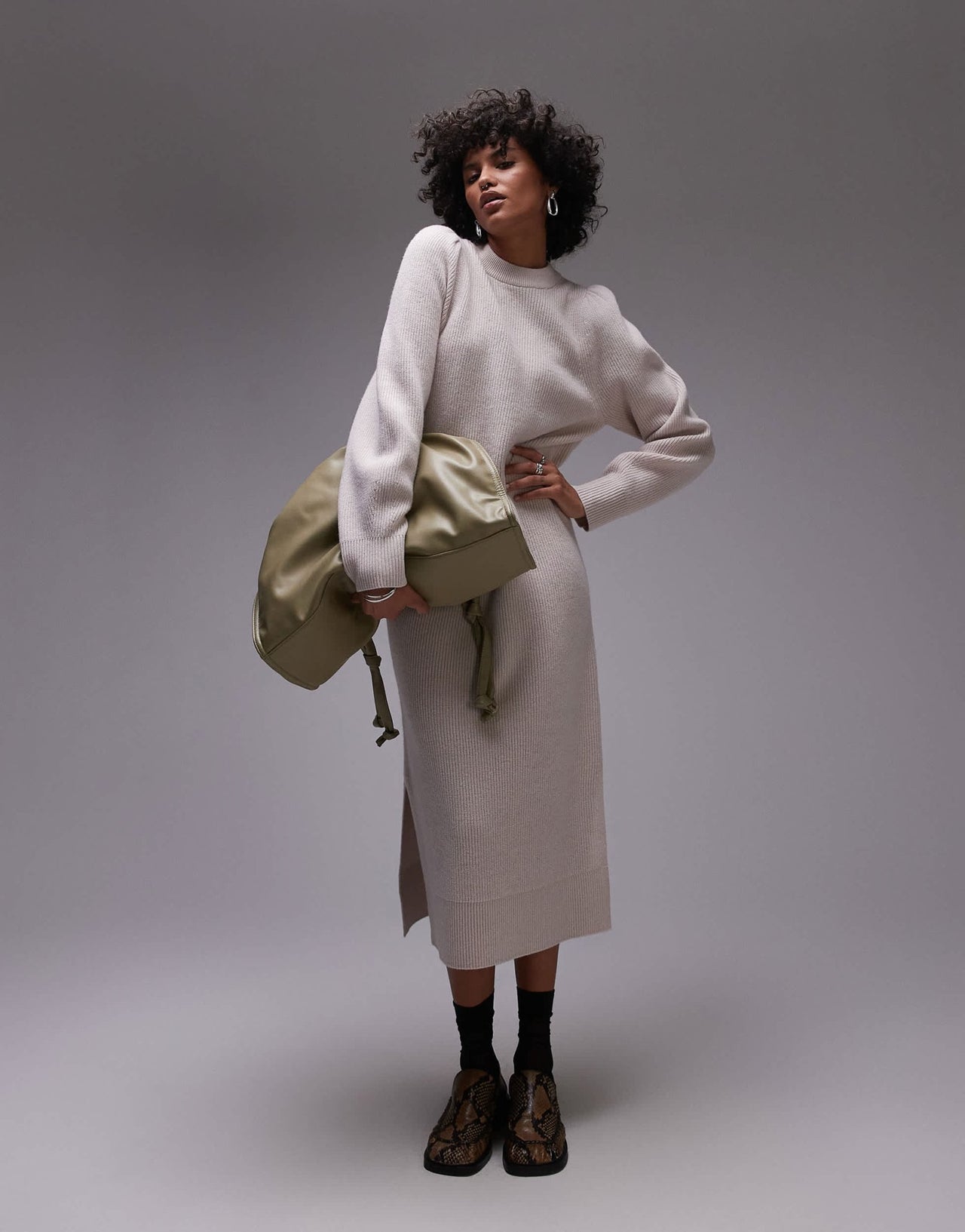 & Other Stories wool midaxi dress with puff sleeves in light beige - ASOS Sample Sale