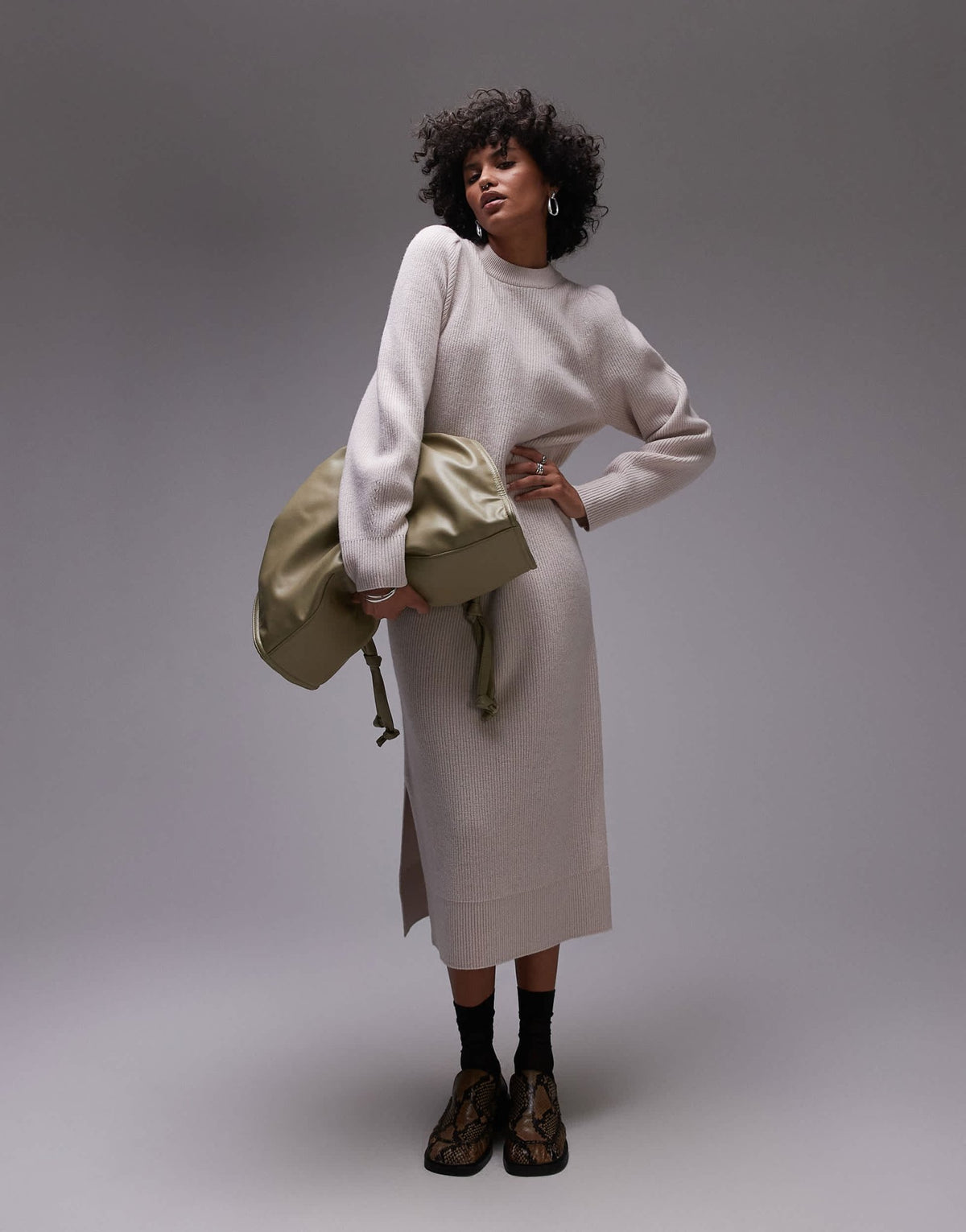 & Other Stories wool midaxi dress with puff sleeves in light beige - ASOS Sample Sale