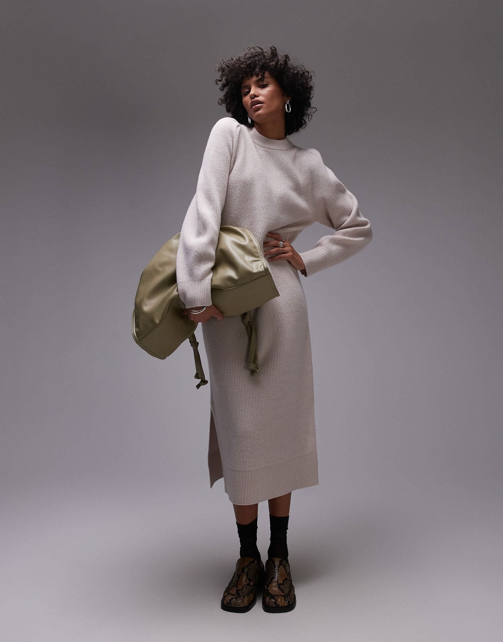 & Other Stories wool midaxi dress with puff sleeves in light beige - ASOS Sample Sale