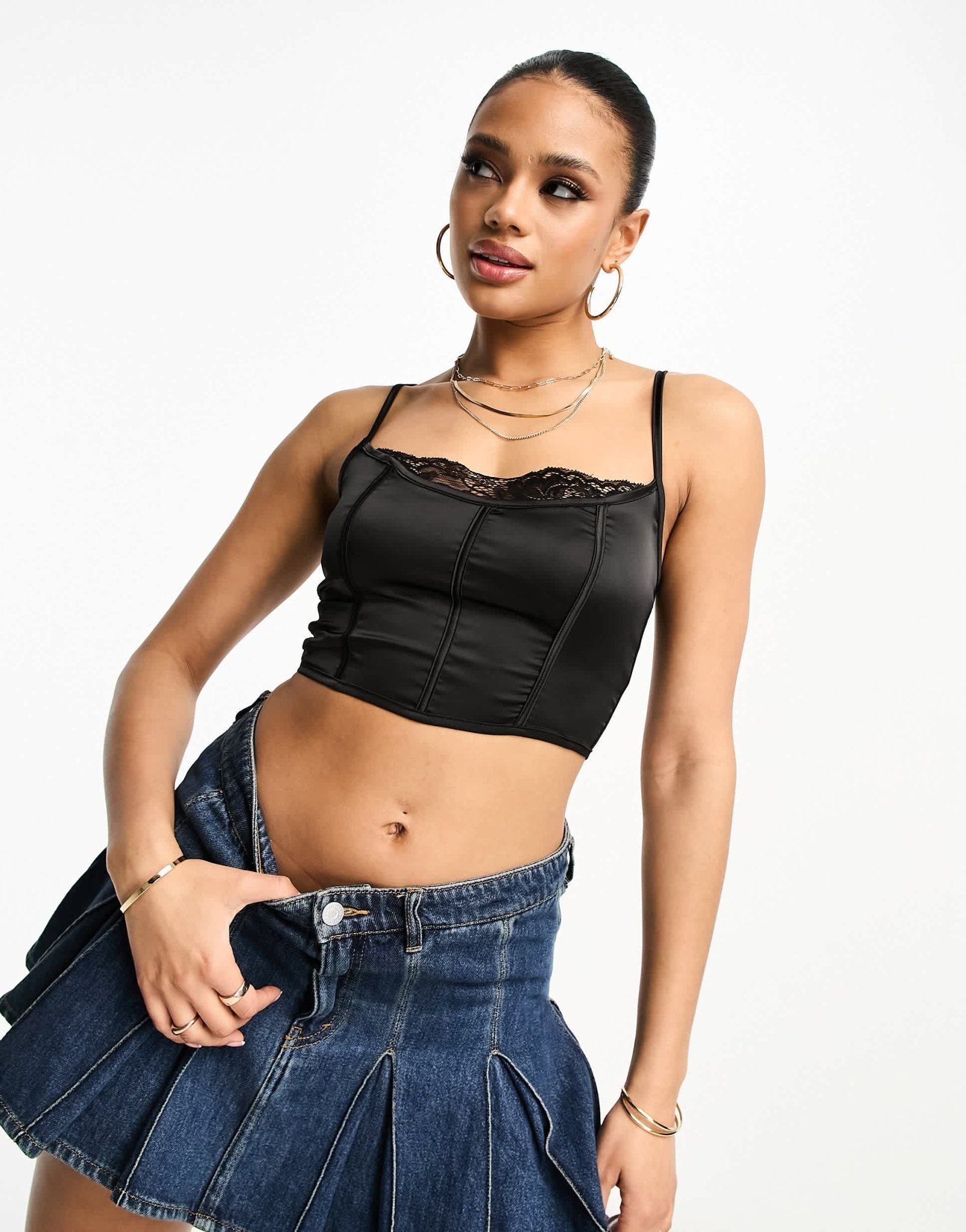 Parisian satin bustier crop top with lace trim in black - ASOS Sample Sale