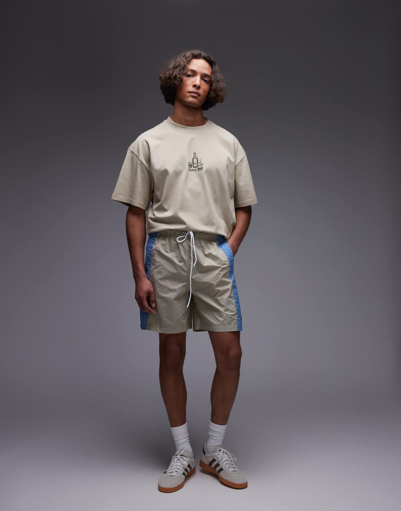 Parlez copa contrast panel relaxed shorts in beige blue multi - ASOS Sample Sale