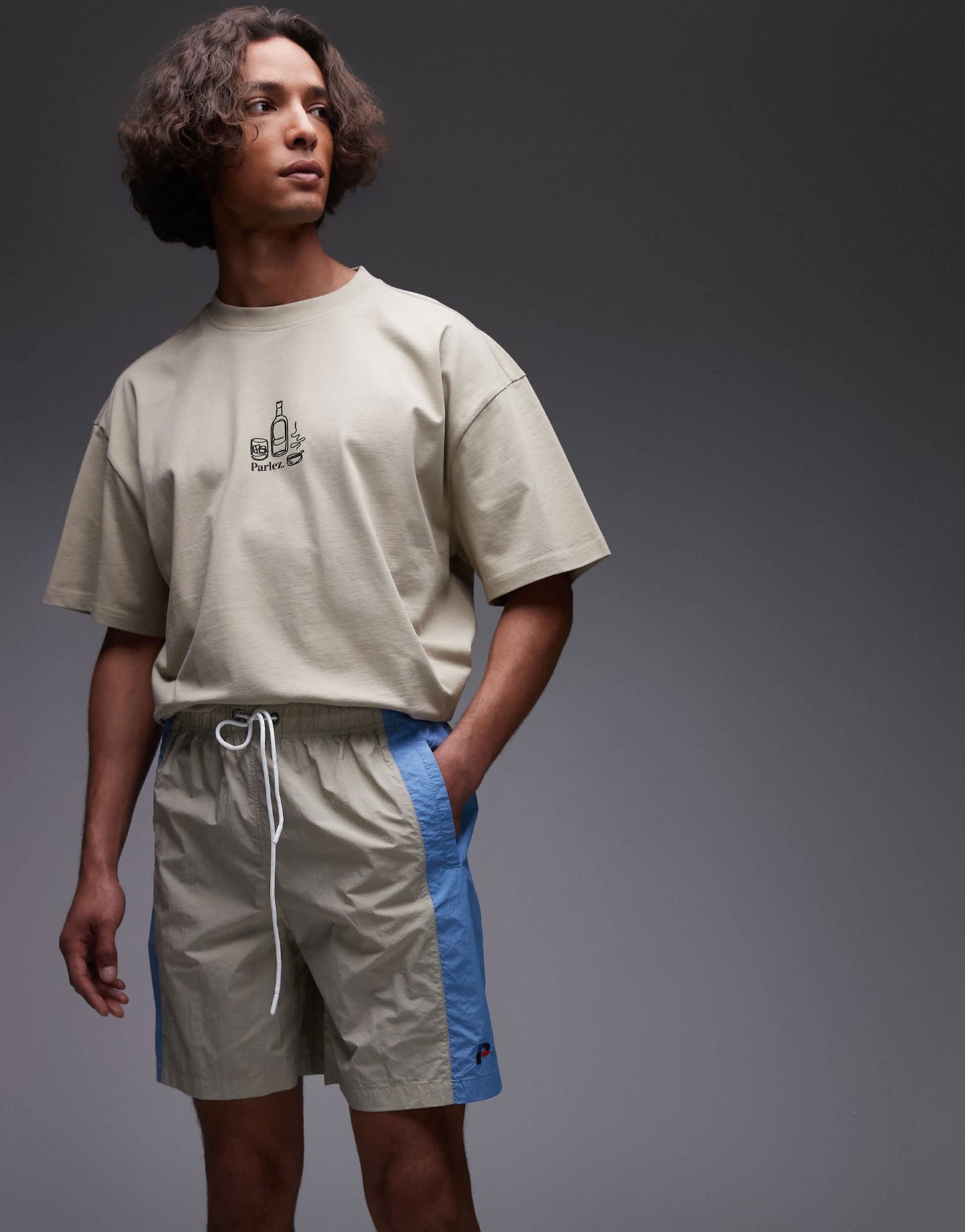 Parlez copa contrast panel relaxed shorts in beige blue multi - ASOS Sample Sale