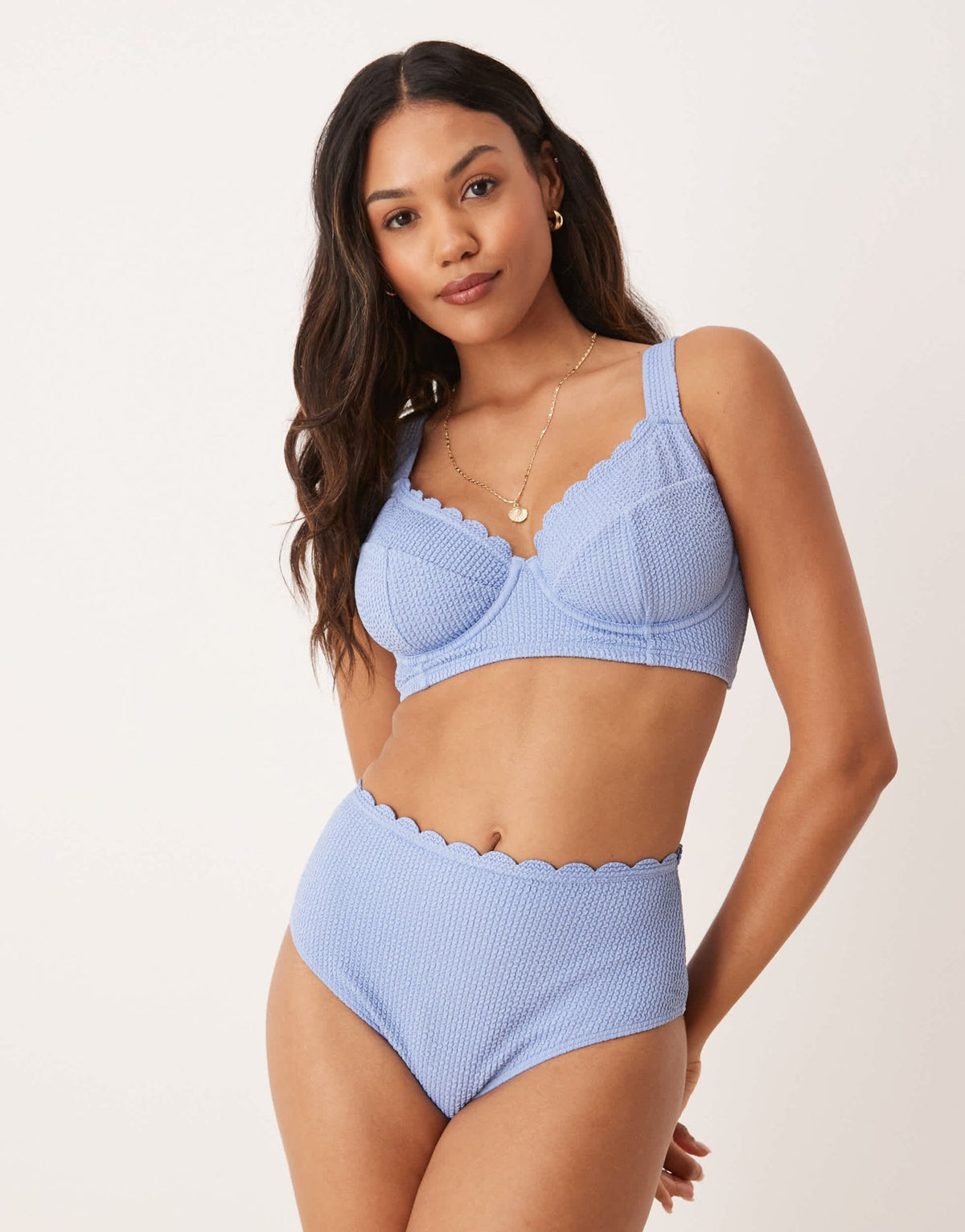 Peek & Beau crinkle high waist bikini bottom with scallop detail in blue - ASOS Sample Sale