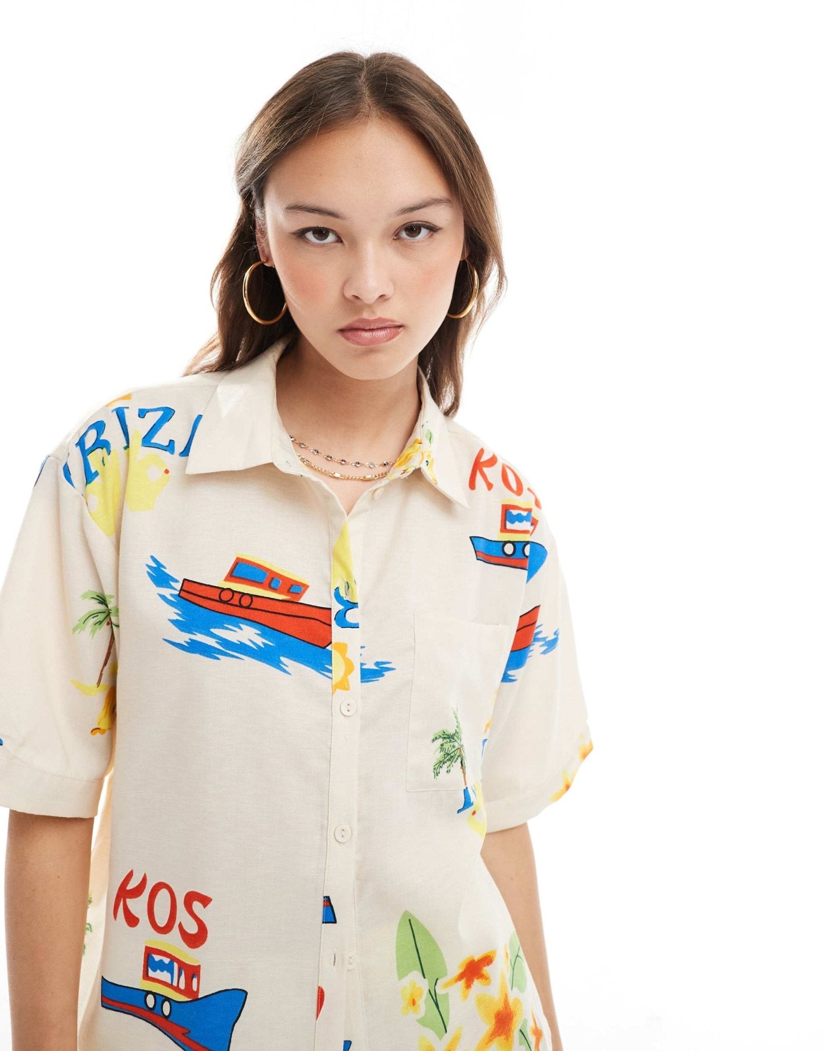 Pieces boxy fit shirt co-ord in summer holiday print - ASOS Sample Sale