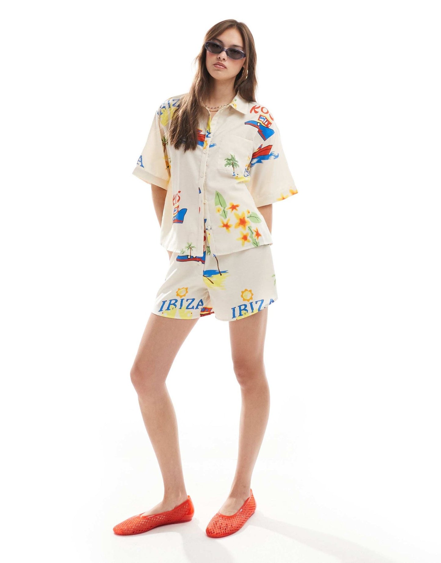 Pieces boxy fit shirt co-ord in summer holiday print - ASOS Sample Sale