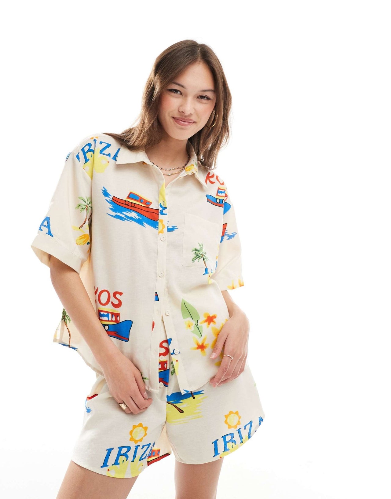 Pieces boxy fit shirt co-ord in summer holiday print - ASOS Sample Sale