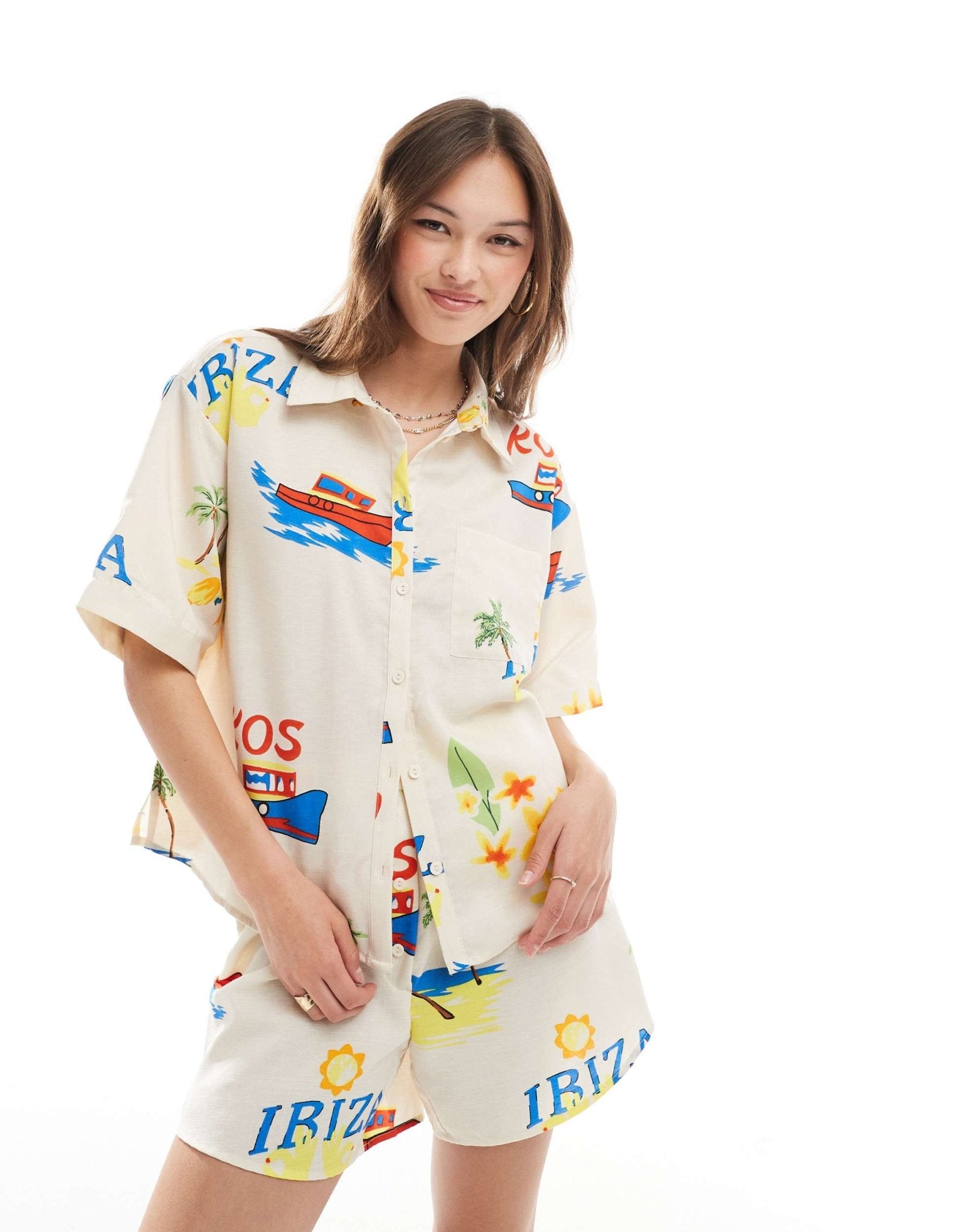 Pieces boxy fit shirt co-ord in summer holiday print - ASOS Sample Sale