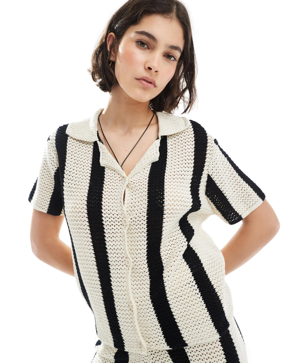 Pieces crochet knit boxy polo top co-ord in black and white stripe - ASOS Sample Sale
