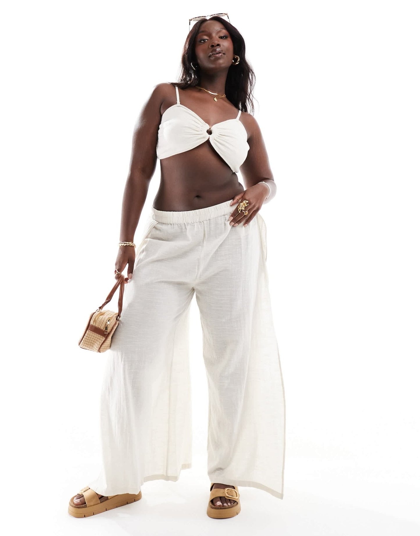 Pieces Curve cotton beach bandeau top co - ord in cream - ASOS Sample Sale