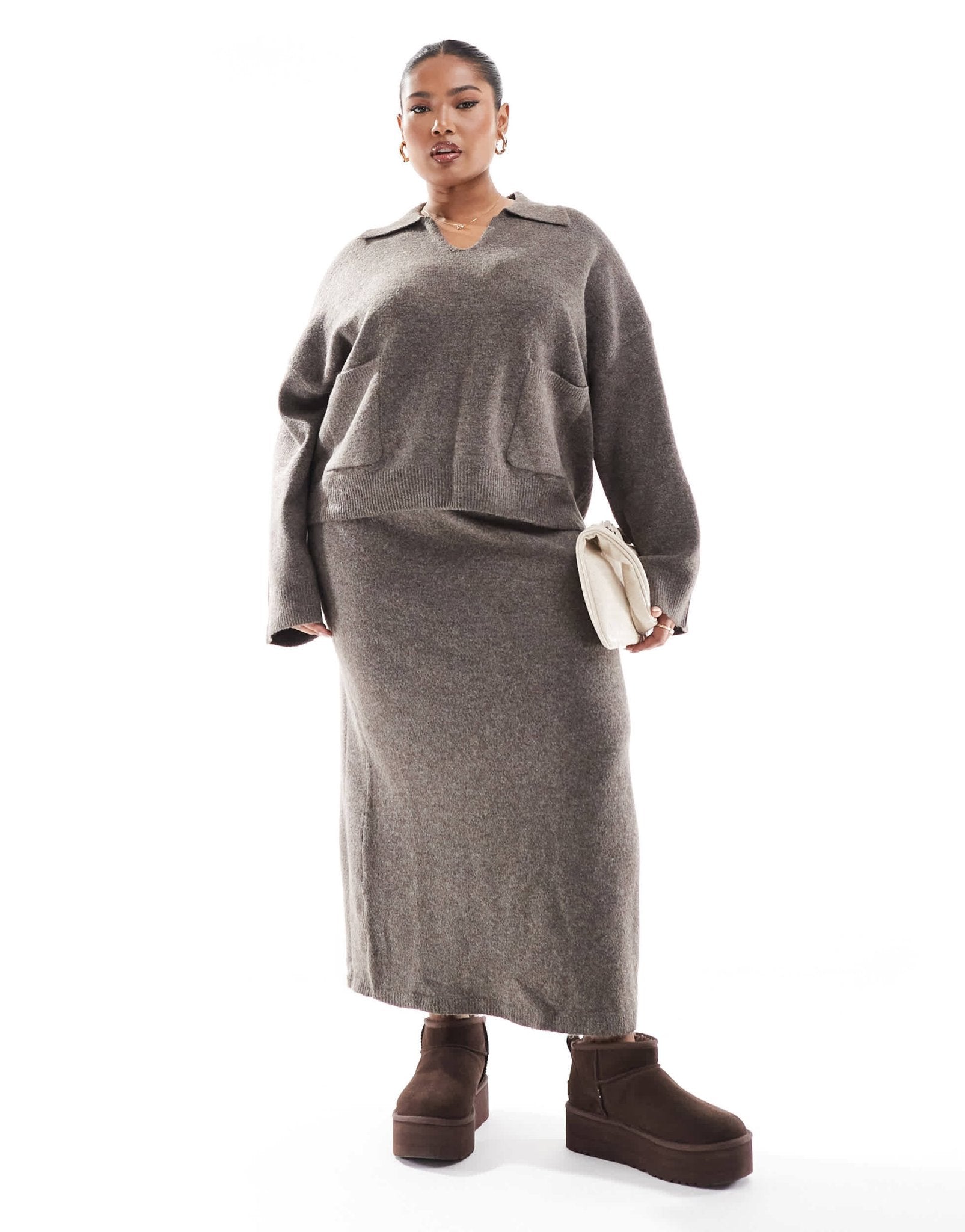 Pieces Curve knitted maxi skirt co - ord in deep taupe - ASOS Sample Sale