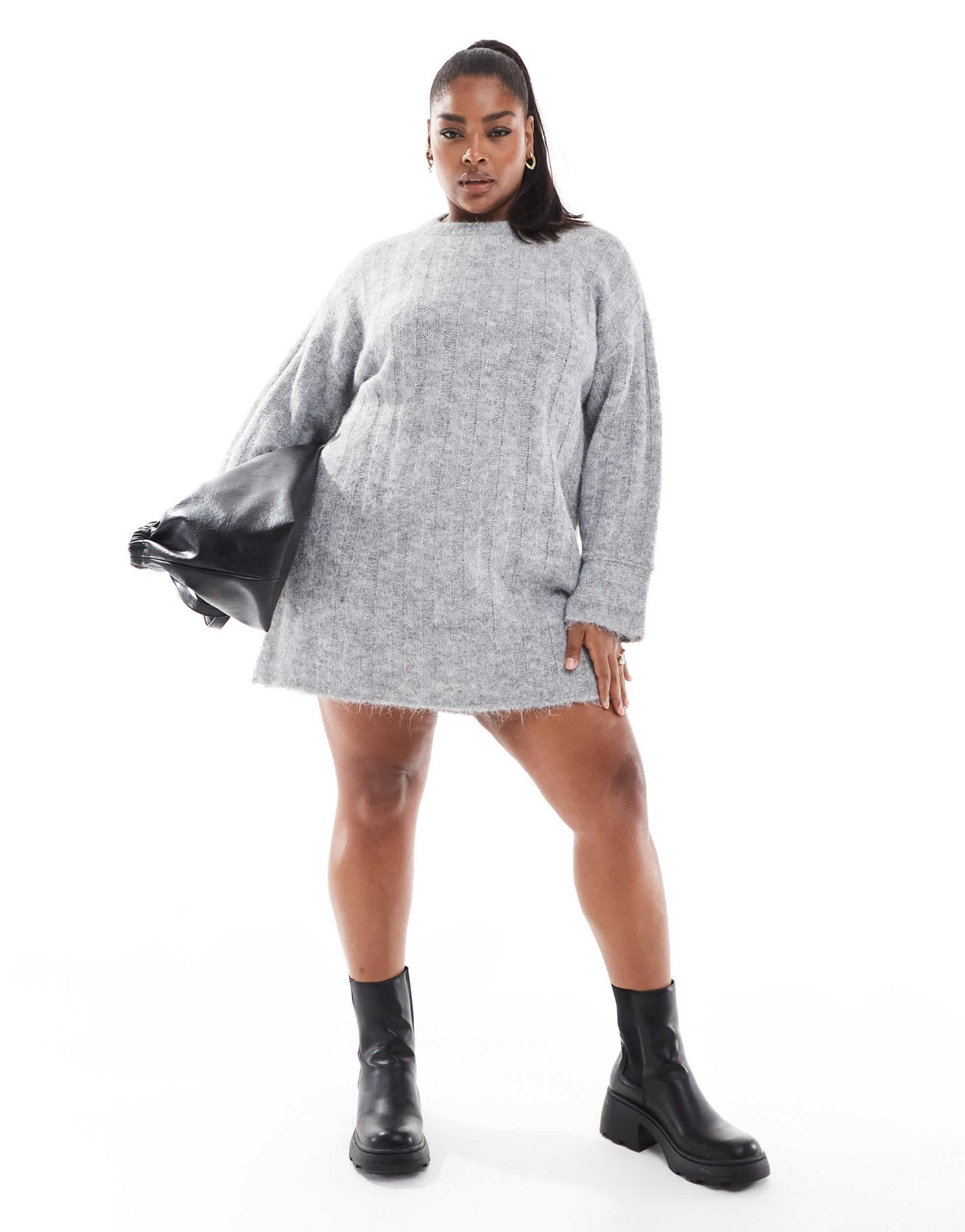 Pieces Curve knitted mini dress with wide sleeves in medium grey melange - ASOS Sample Sale