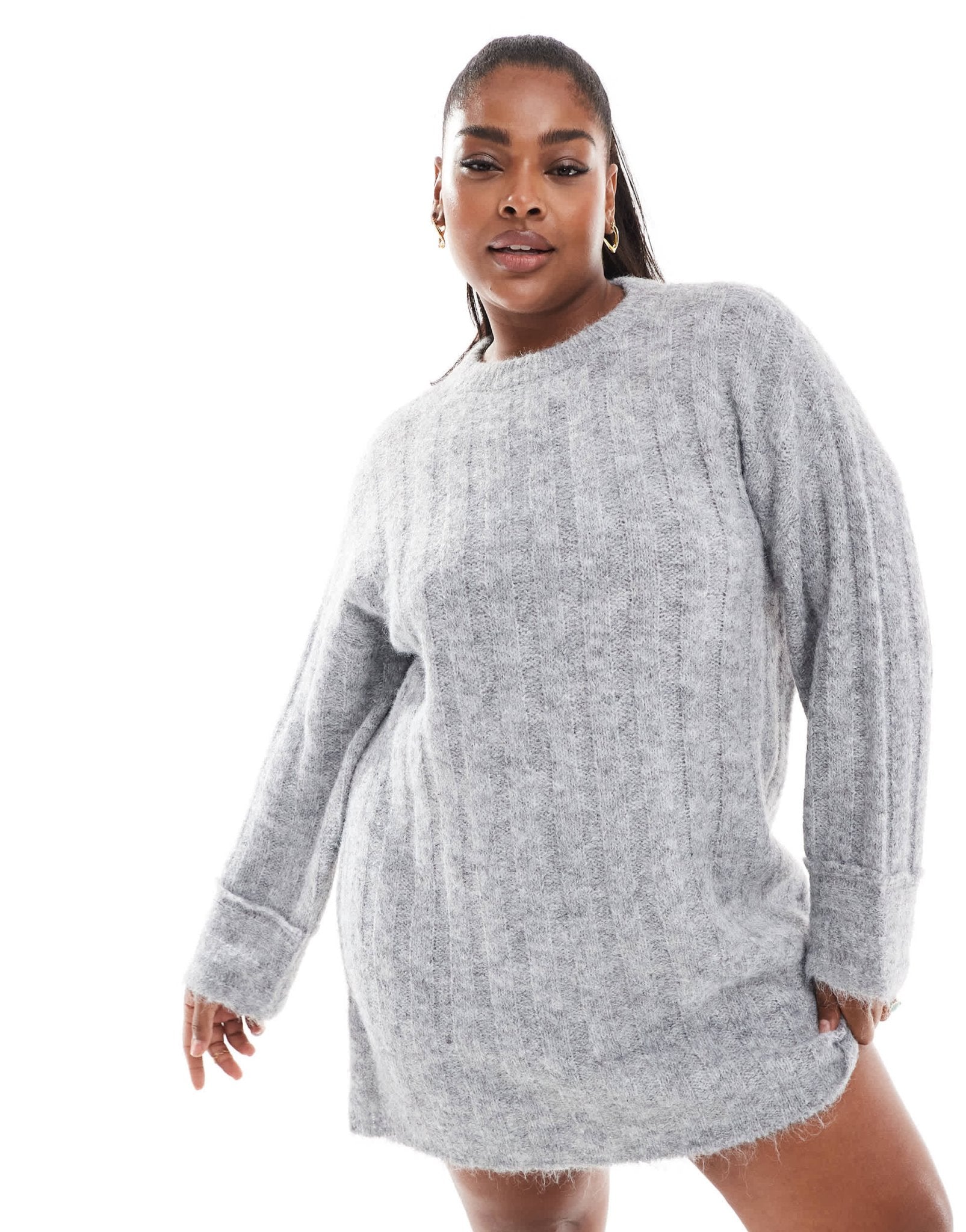 Pieces Curve knitted mini dress with wide sleeves in medium grey melange - ASOS Sample Sale