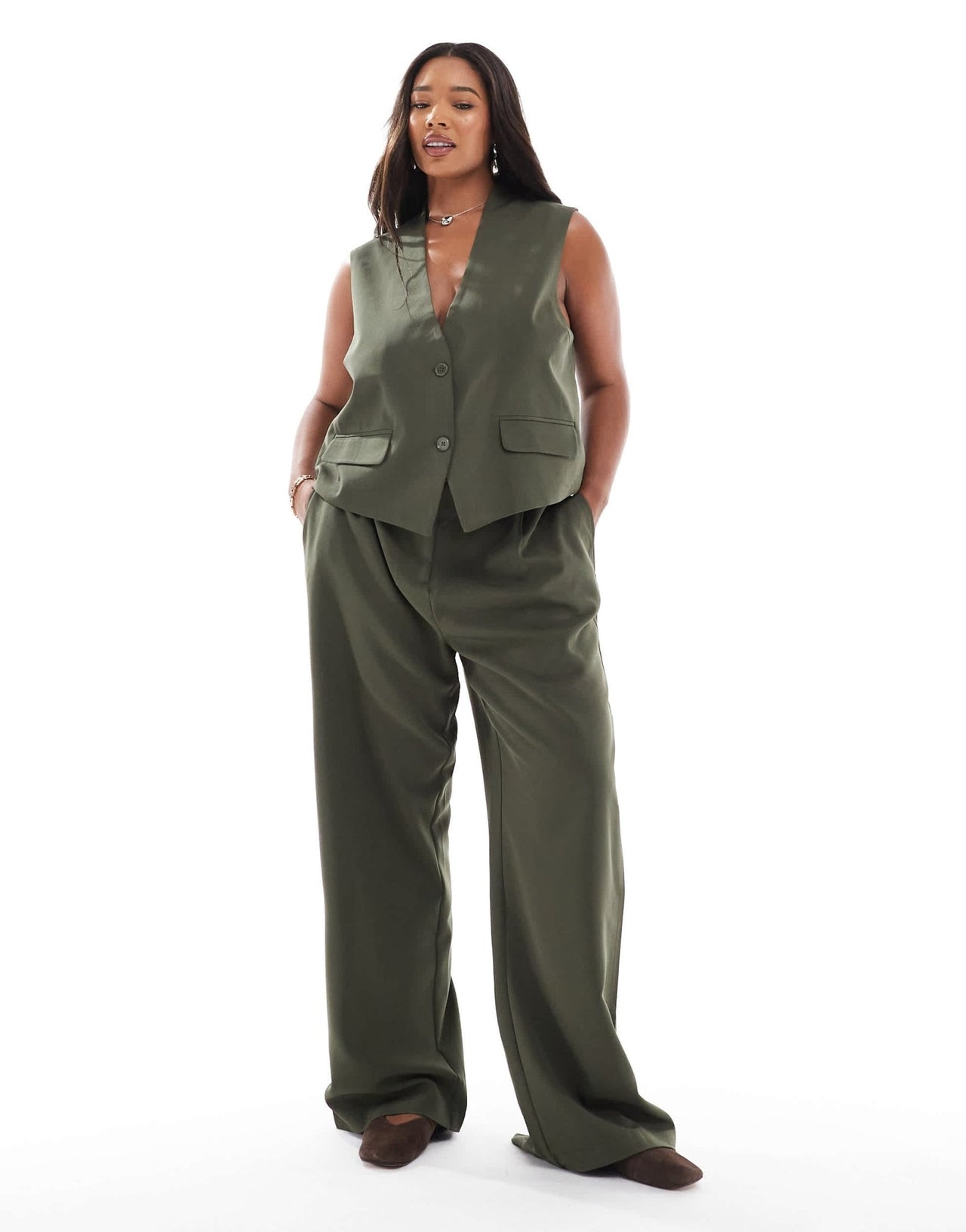 Pieces Curve tailored waistcoat co-ord in khaki - ASOS Sample Sale