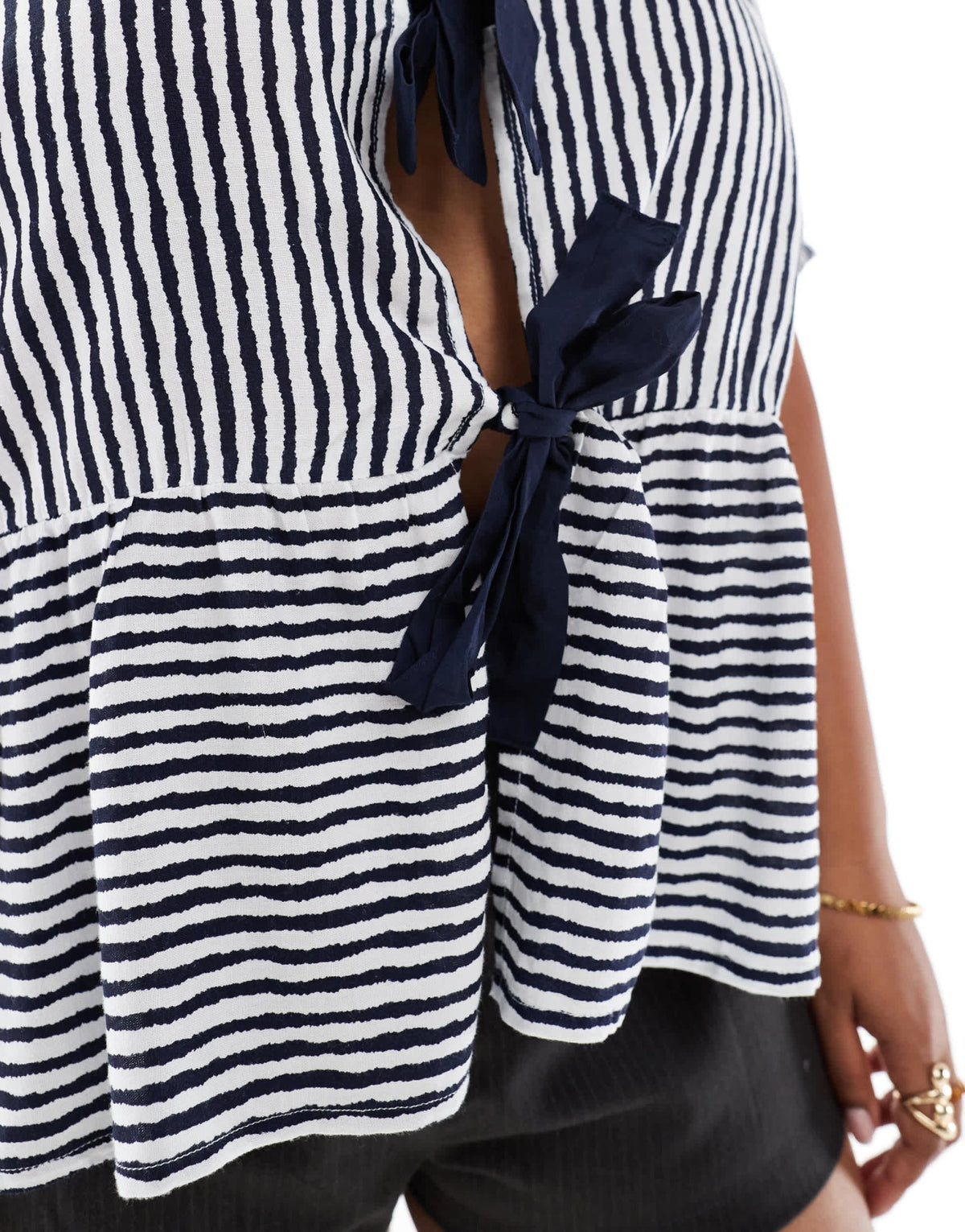 Pieces Curve tie front short sleeve peplum hem top in navy and white stripe - ASOS Sample Sale