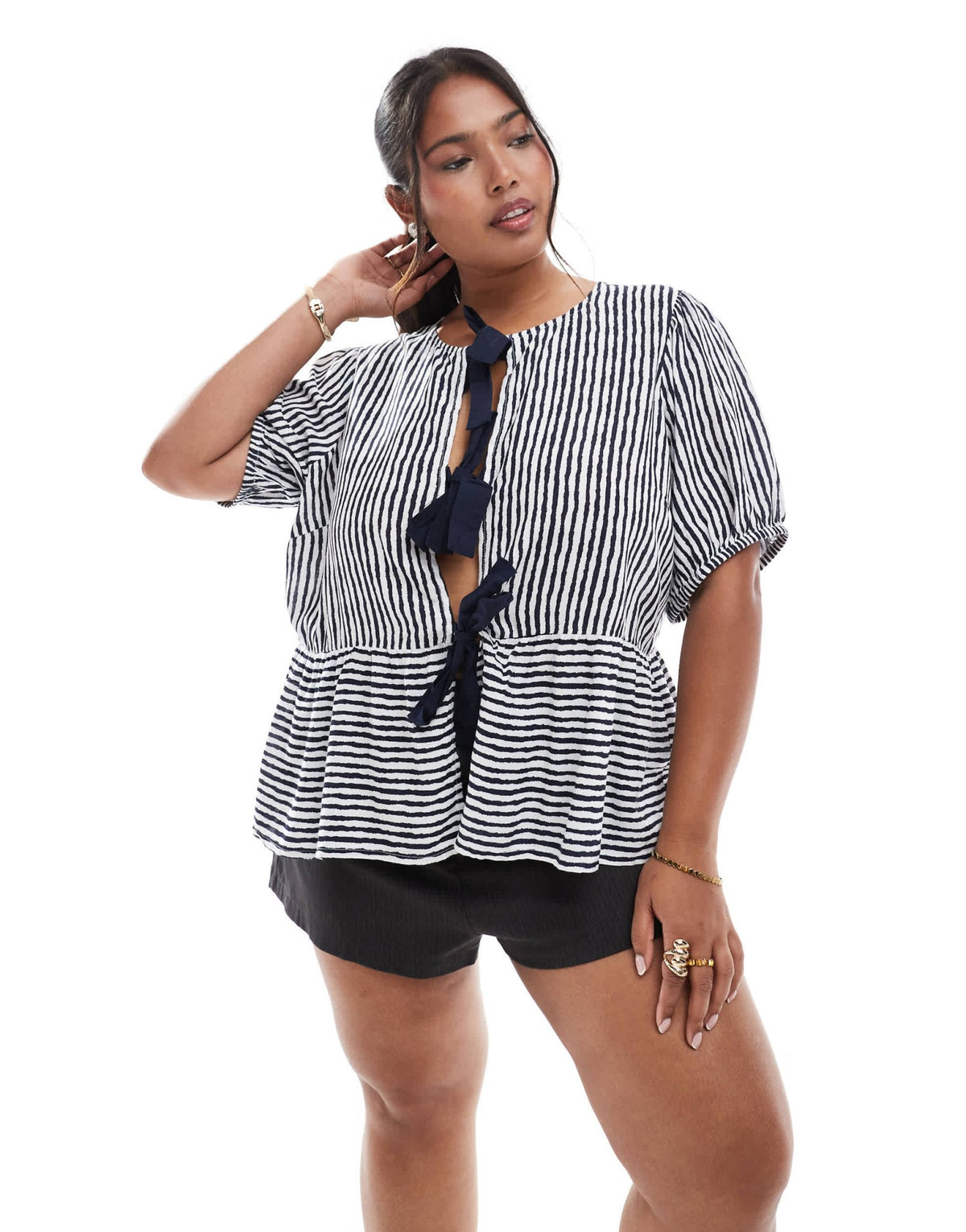 Pieces Curve tie front short sleeve peplum hem top in navy and white stripe - ASOS Sample Sale
