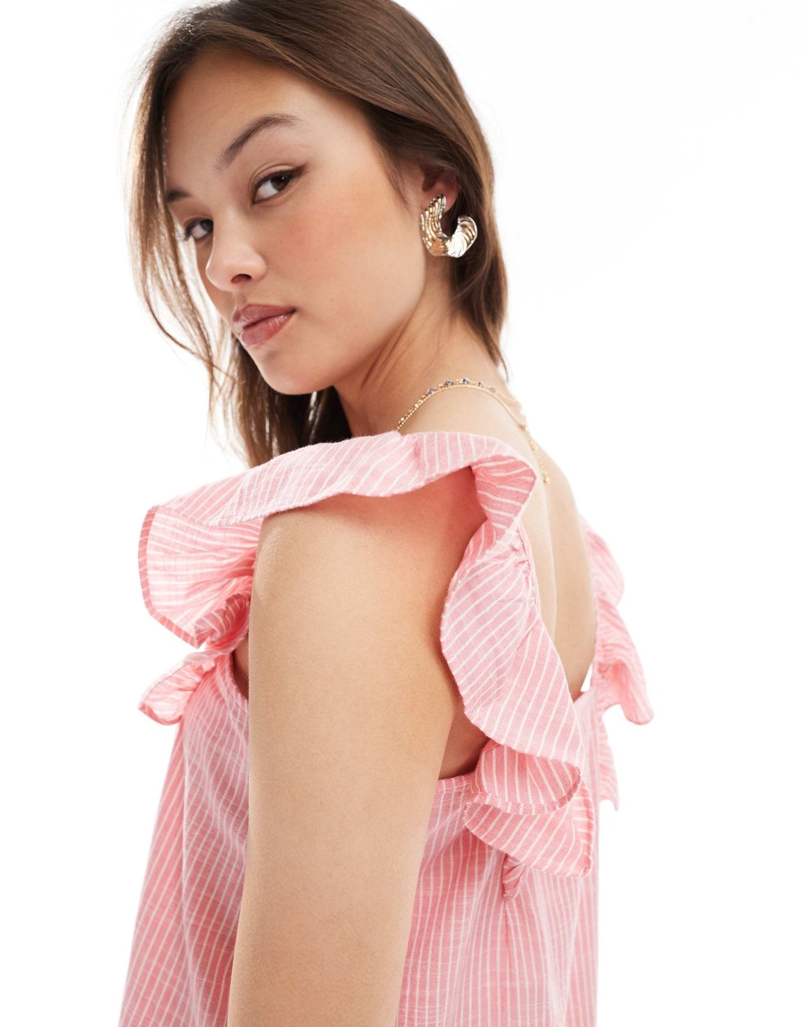 Pieces flutter strap tiered cami maxi dress in pink stripe - ASOS Sample Sale