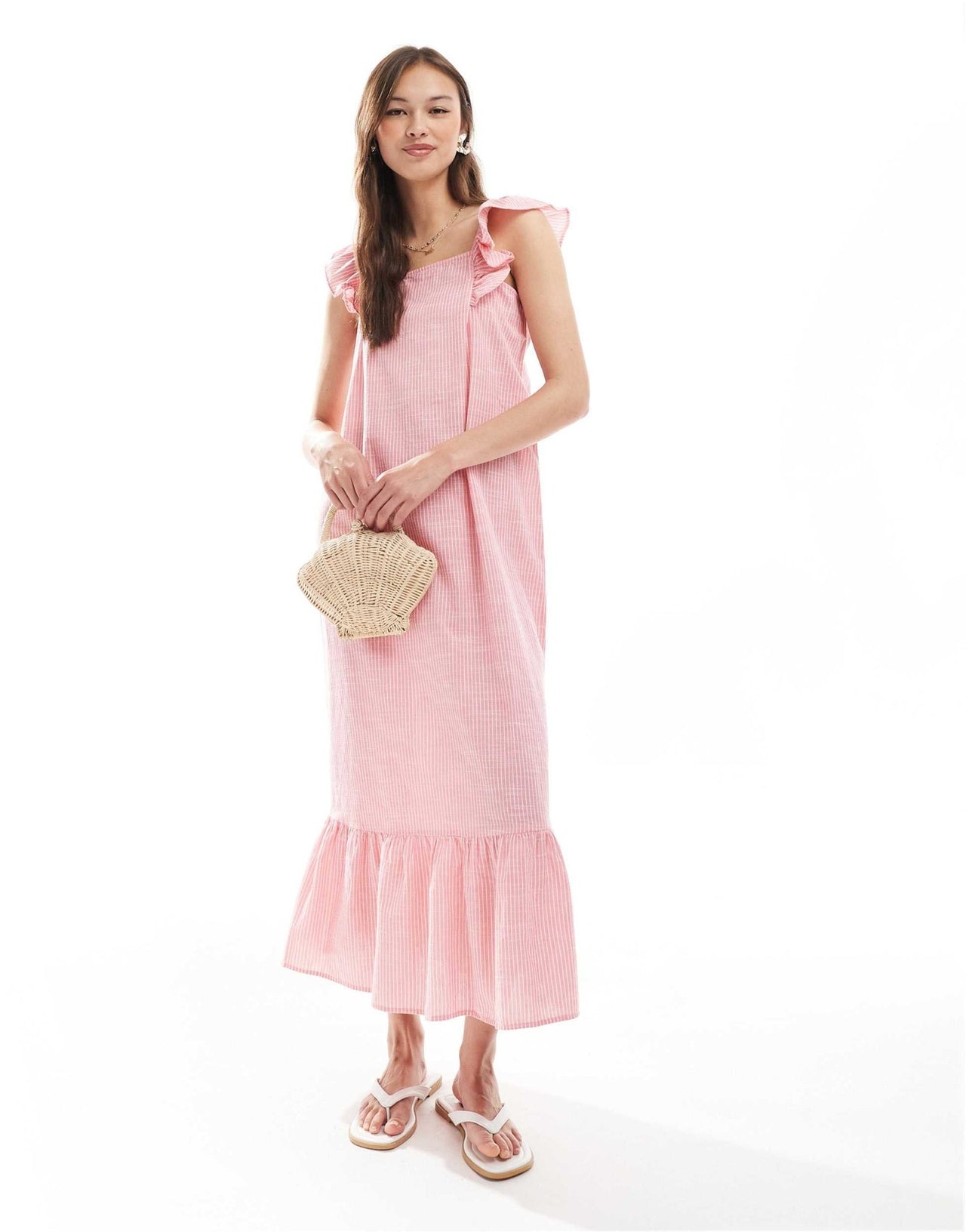 Pieces flutter strap tiered cami maxi dress in pink stripe - ASOS Sample Sale