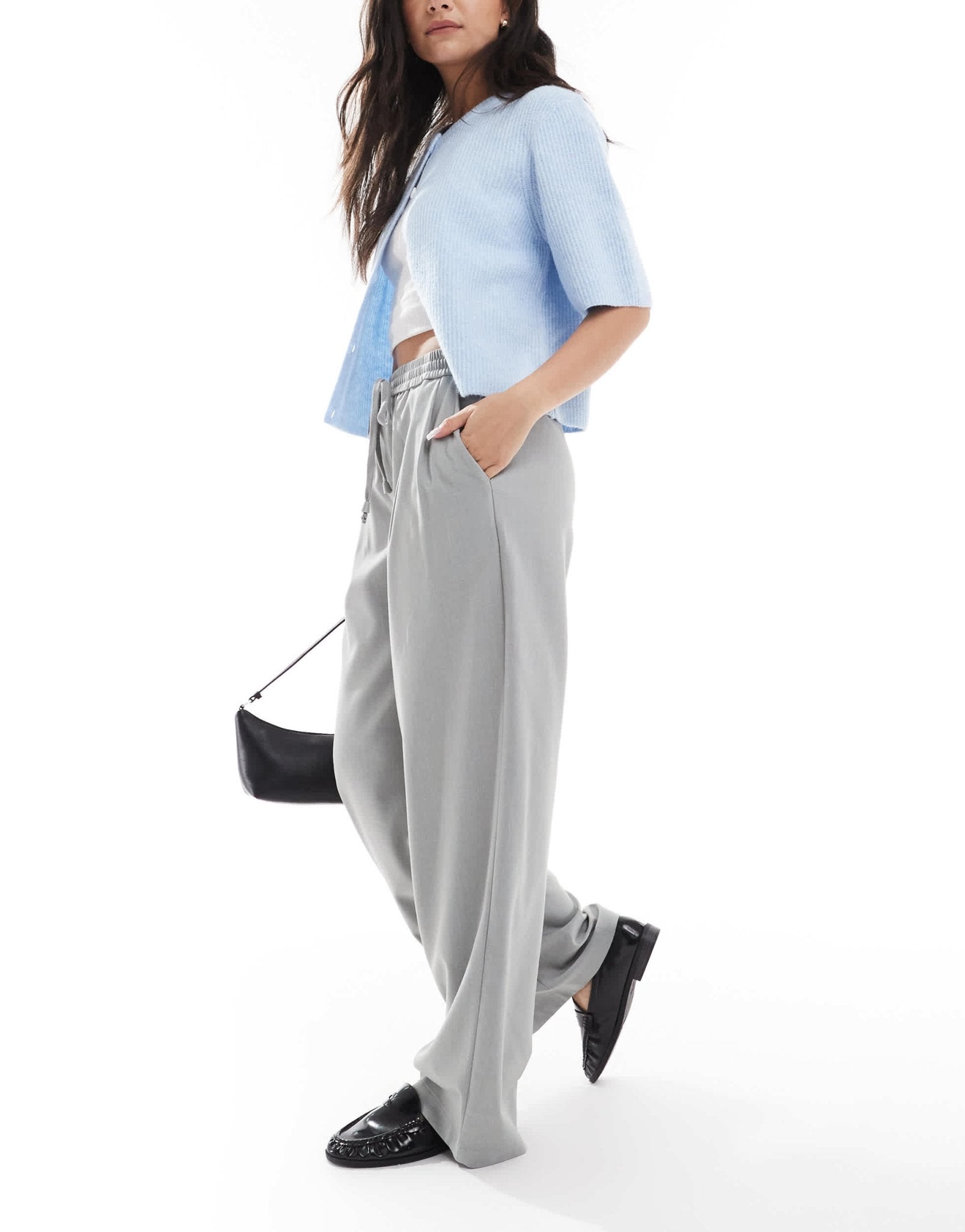 Pieces high waist drapey wide leg dad trouser in medium grey melange - ASOS Sample Sale