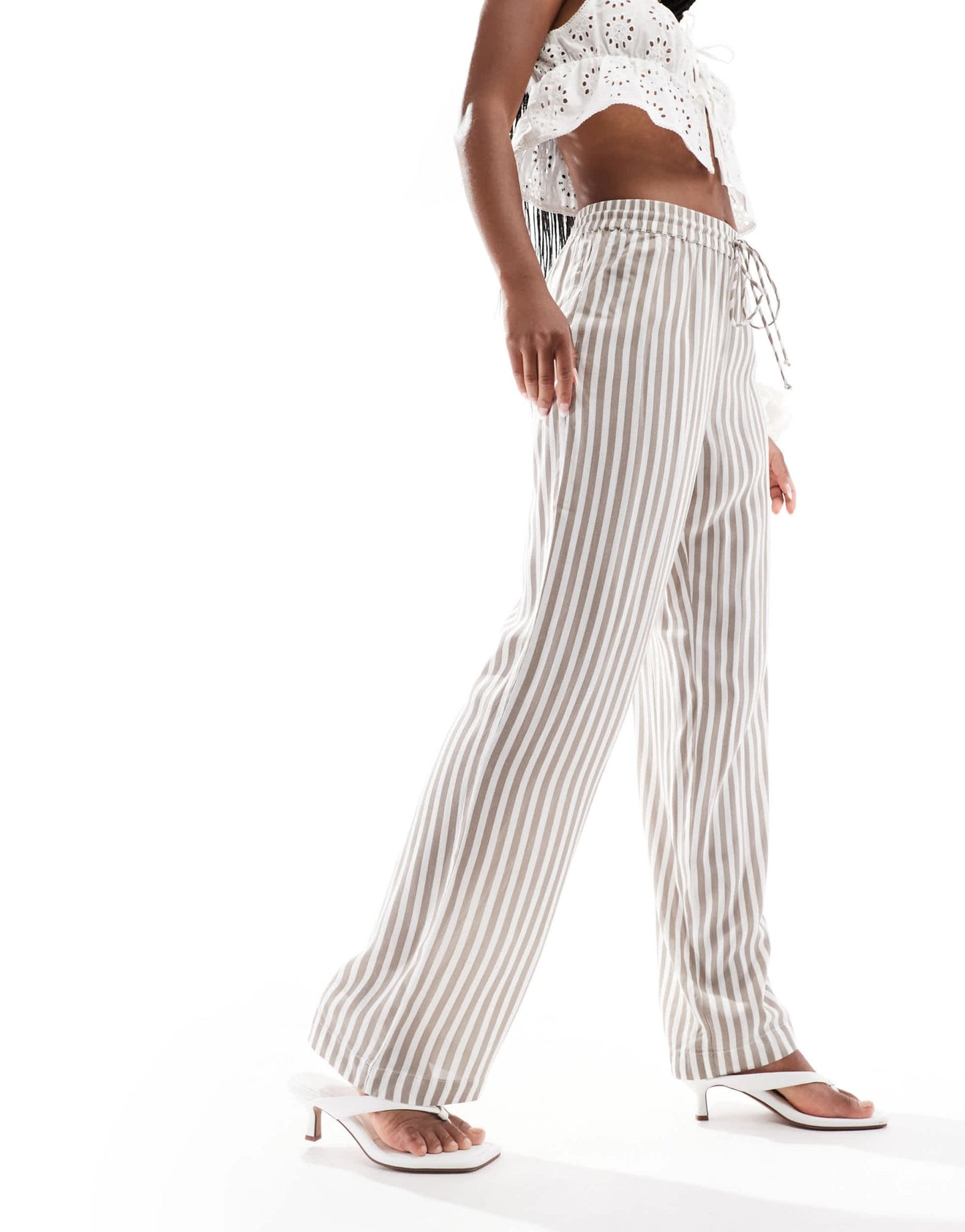 Pieces high waist wide leg trouser in moonrock and white stripe - ASOS Sample Sale