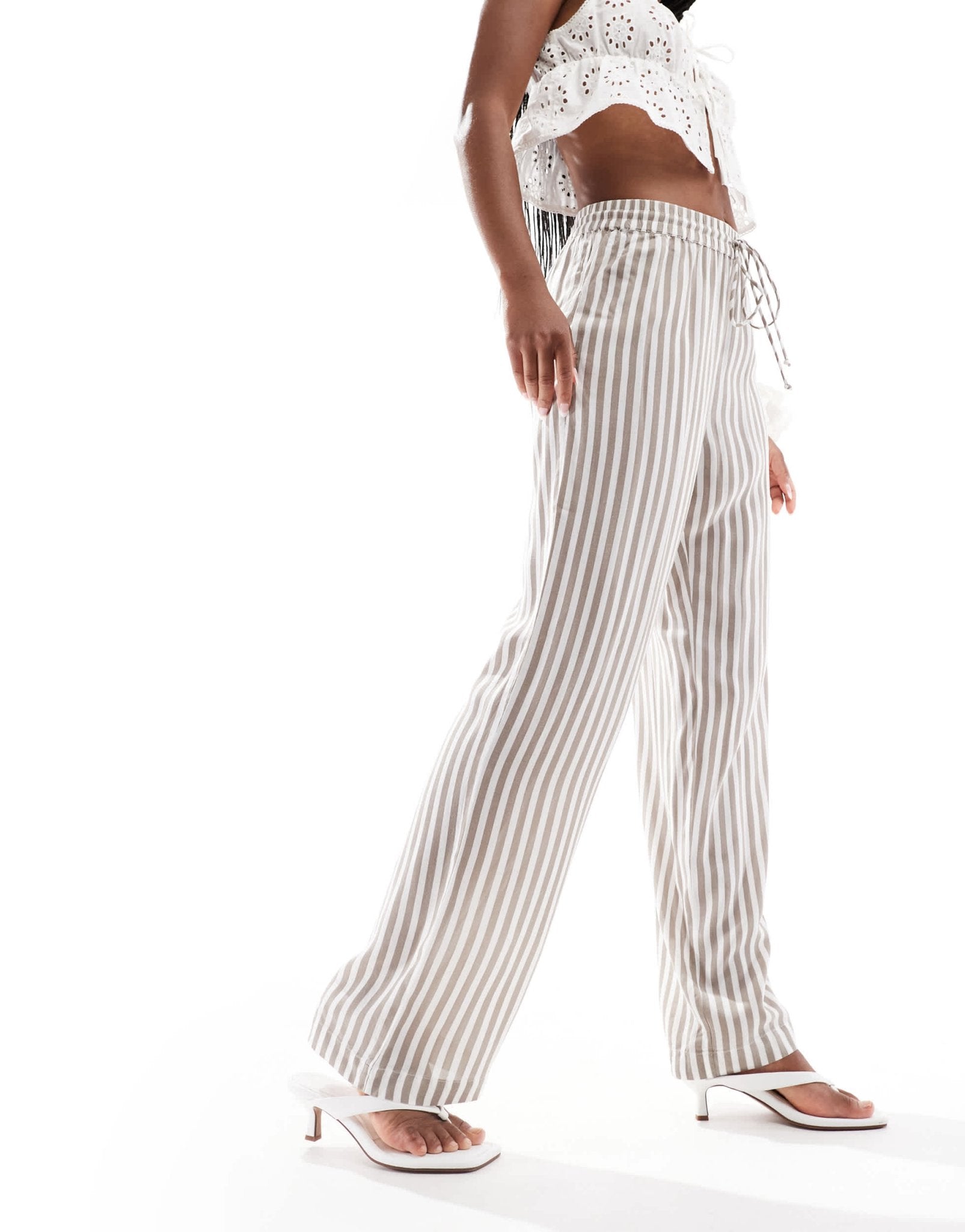 Pieces high waist wide leg trouser in moonrock and white stripe - ASOS Sample Sale