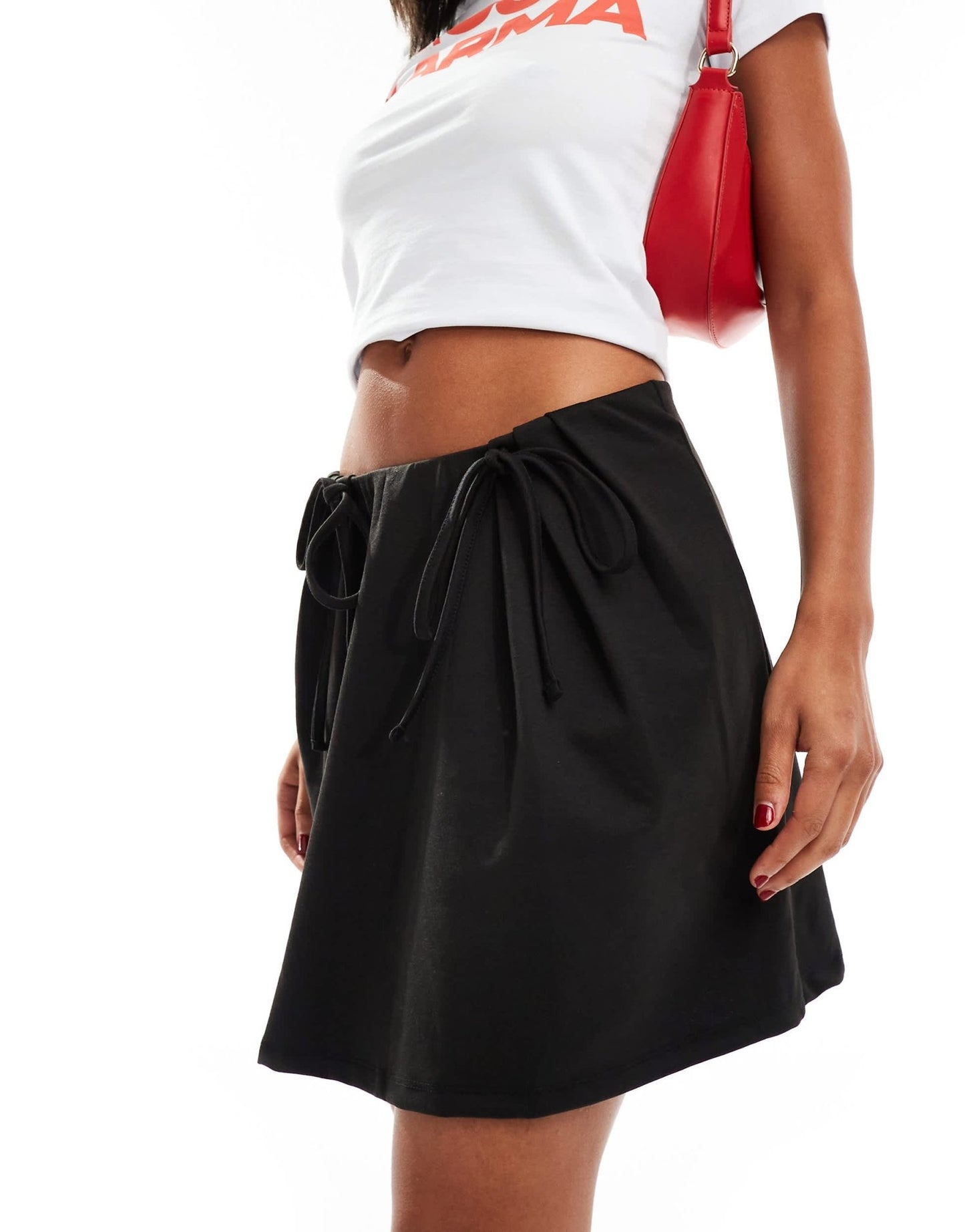 Pieces high waisted mini skirt with tie side detail in black - ASOS Sample Sale