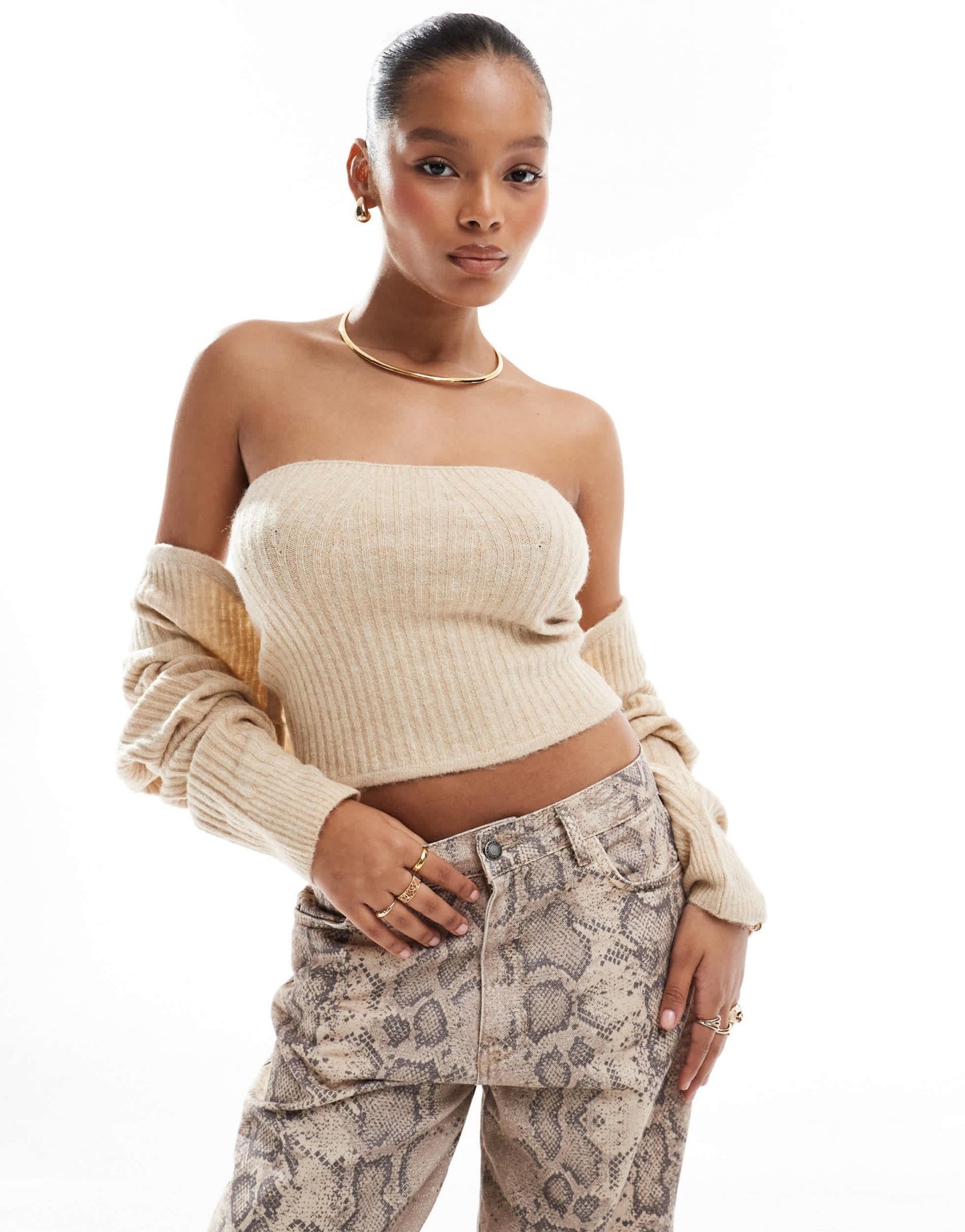Pieces knitted tube top co - ord in cream melange - ASOS Sample Sale