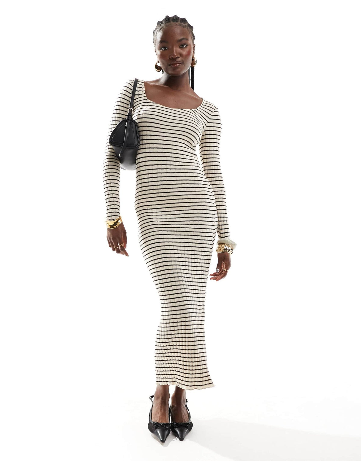 Pieces long sleeve square neck ribbed maxi dress in birch cream and black stripe - ASOS Sample Sale