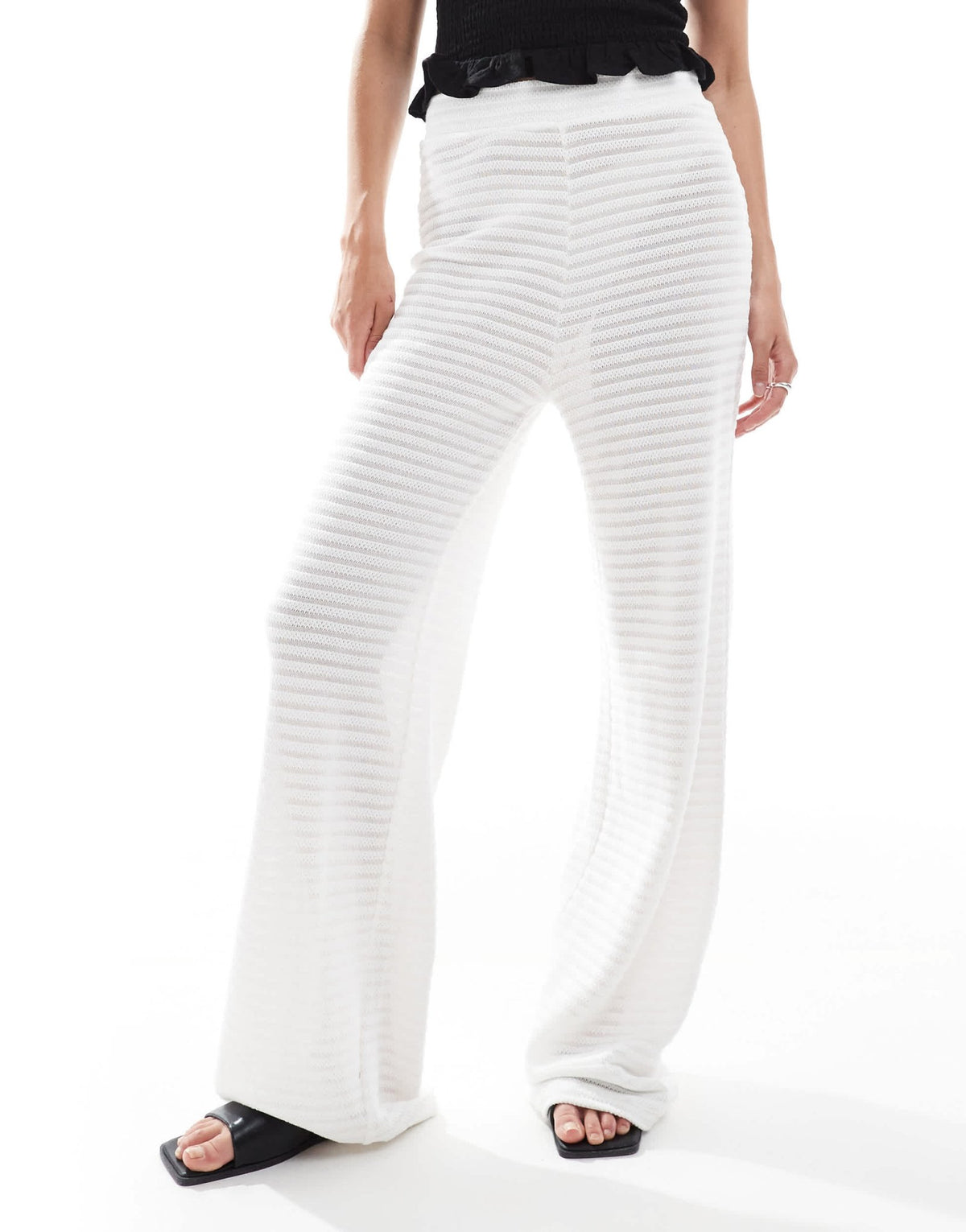 Pieces mix and match self stripe knitted wide leg trouser in off white - ASOS Sample Sale