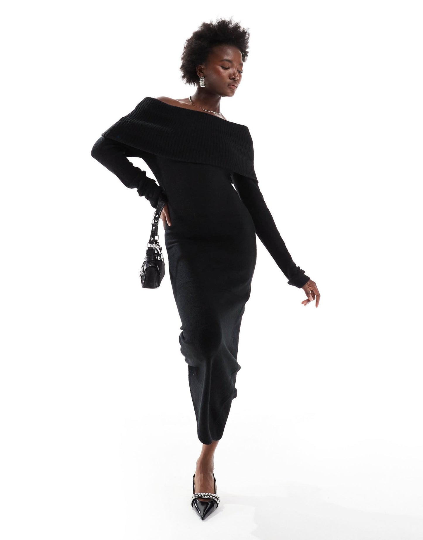 Pieces off shoulder long sleeve ribbed knit maxi drress in black - ASOS Sample Sale