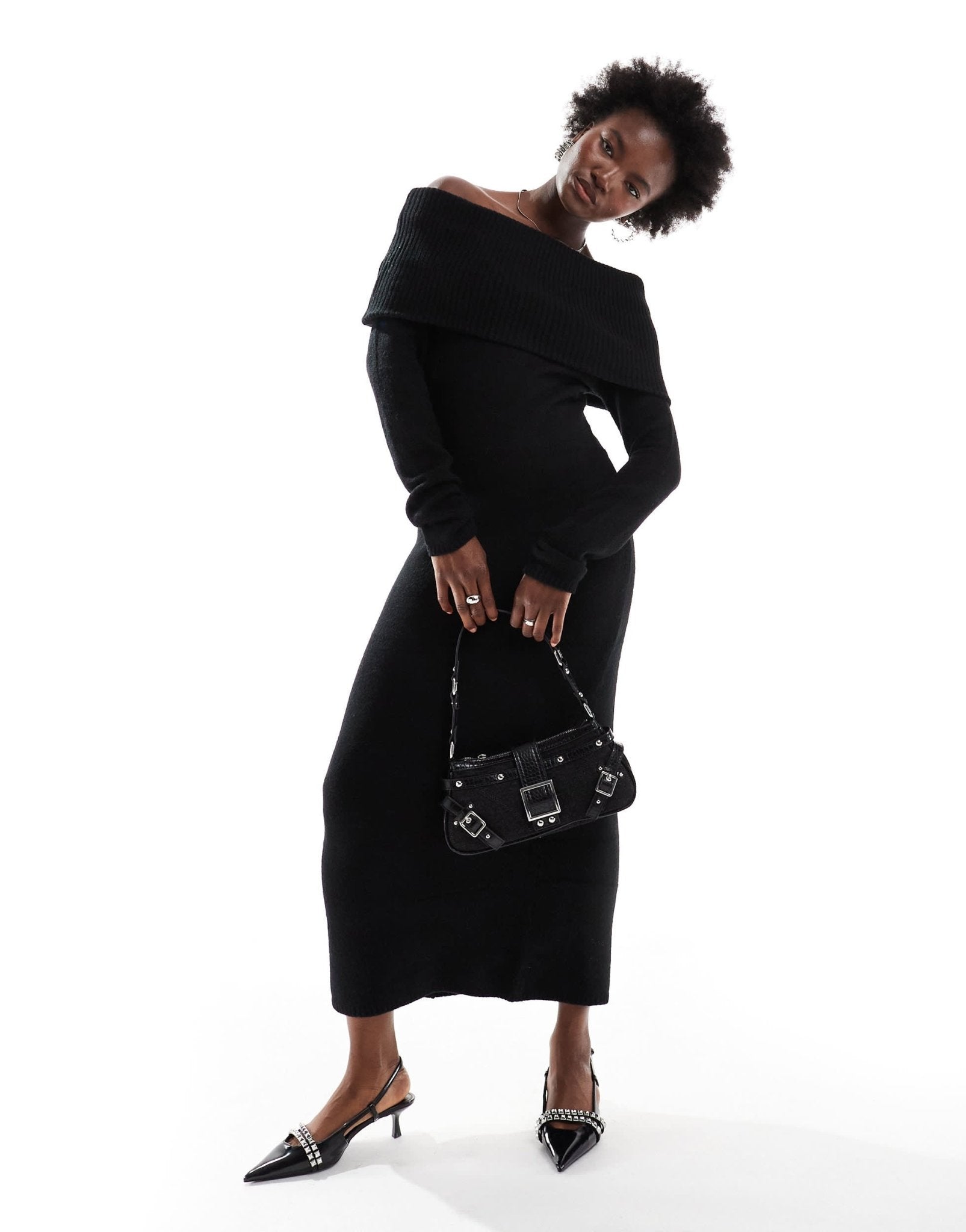 Pieces off shoulder long sleeve ribbed knit maxi drress in black - ASOS Sample Sale