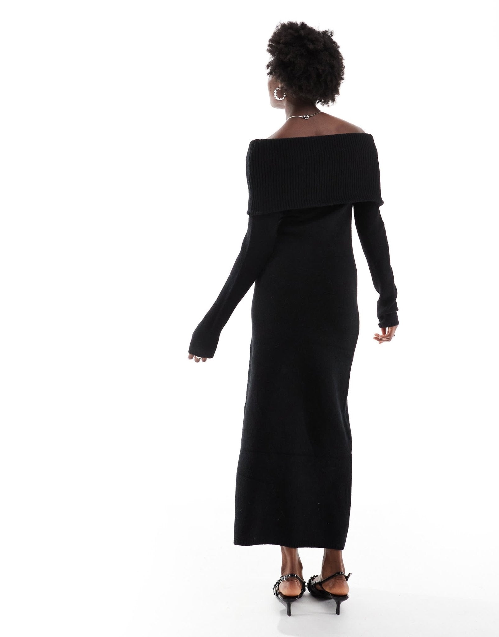 Pieces off shoulder long sleeve ribbed knit maxi drress in black - ASOS Sample Sale
