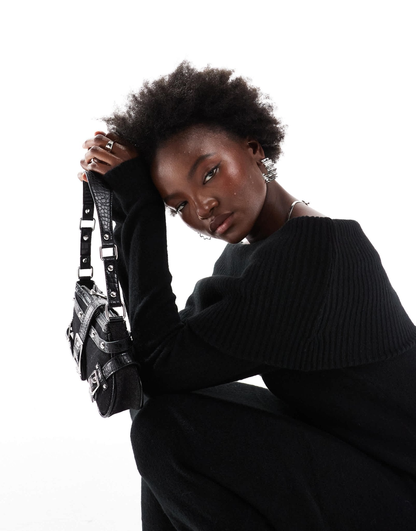 Pieces off shoulder long sleeve ribbed knit maxi drress in black - ASOS Sample Sale