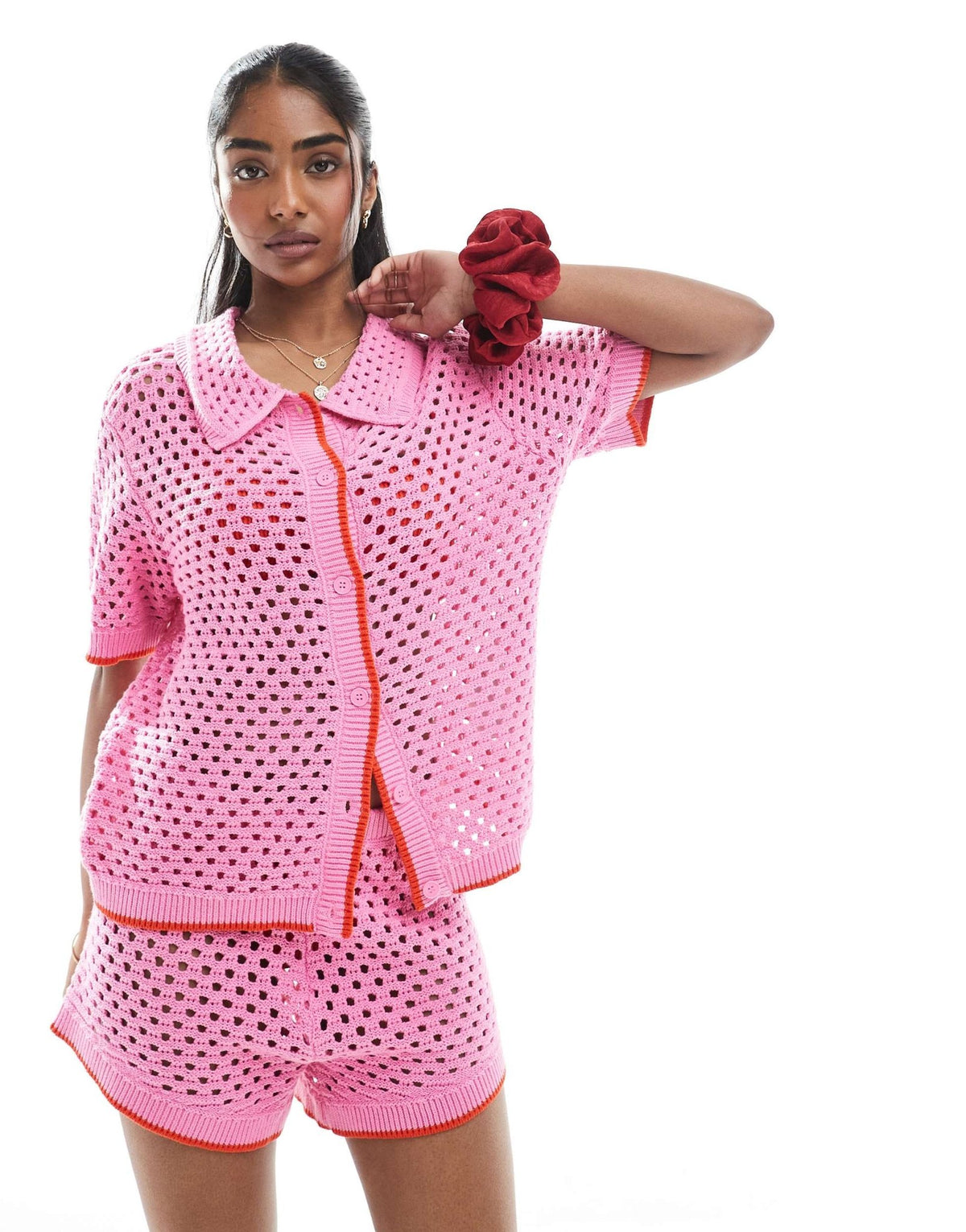 Pieces open knit boxy polo top co-ord in pink and red - ASOS Sample Sale