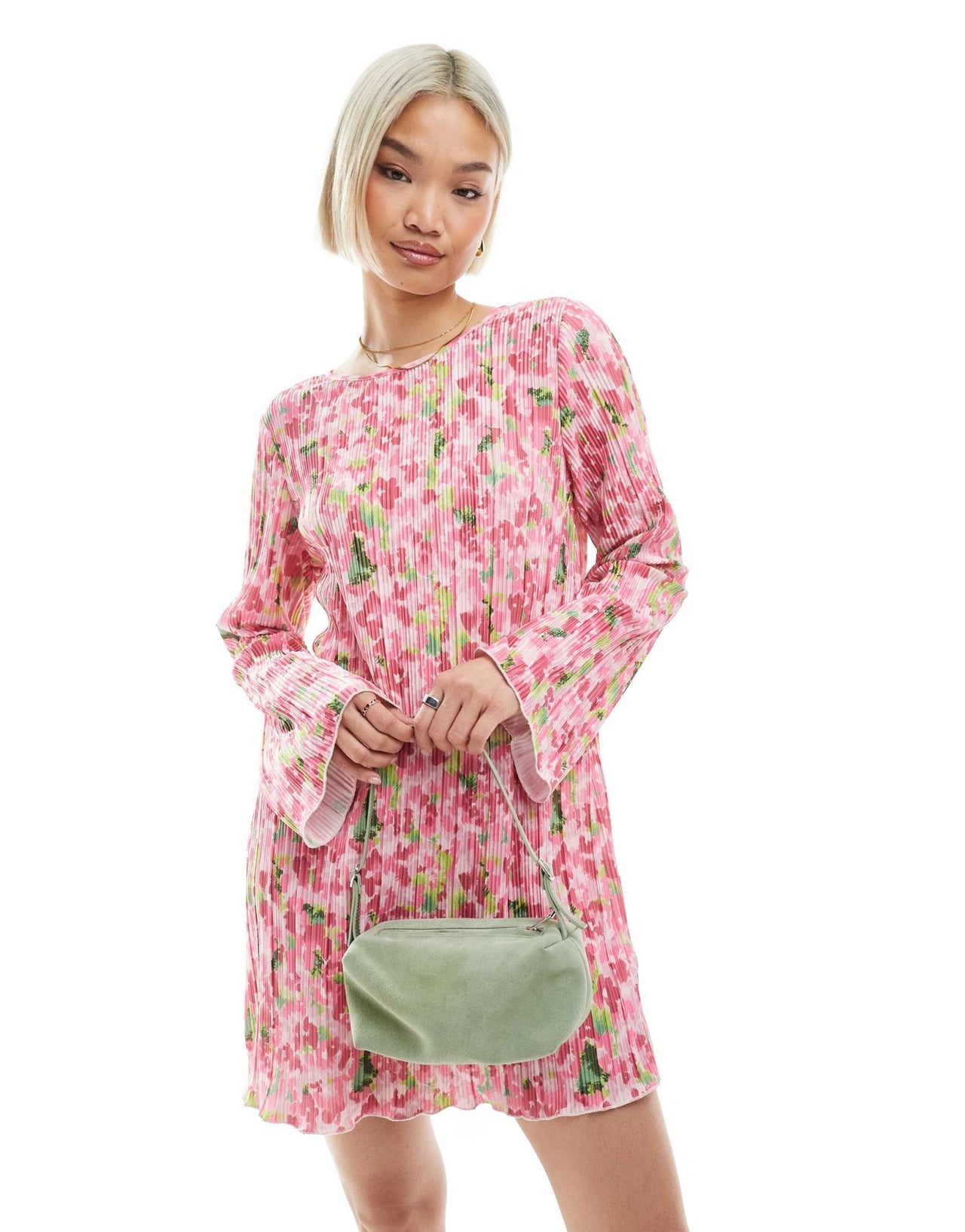Pieces plisse long sleeve mini dress in pink floral print - ASOS Sample Sale