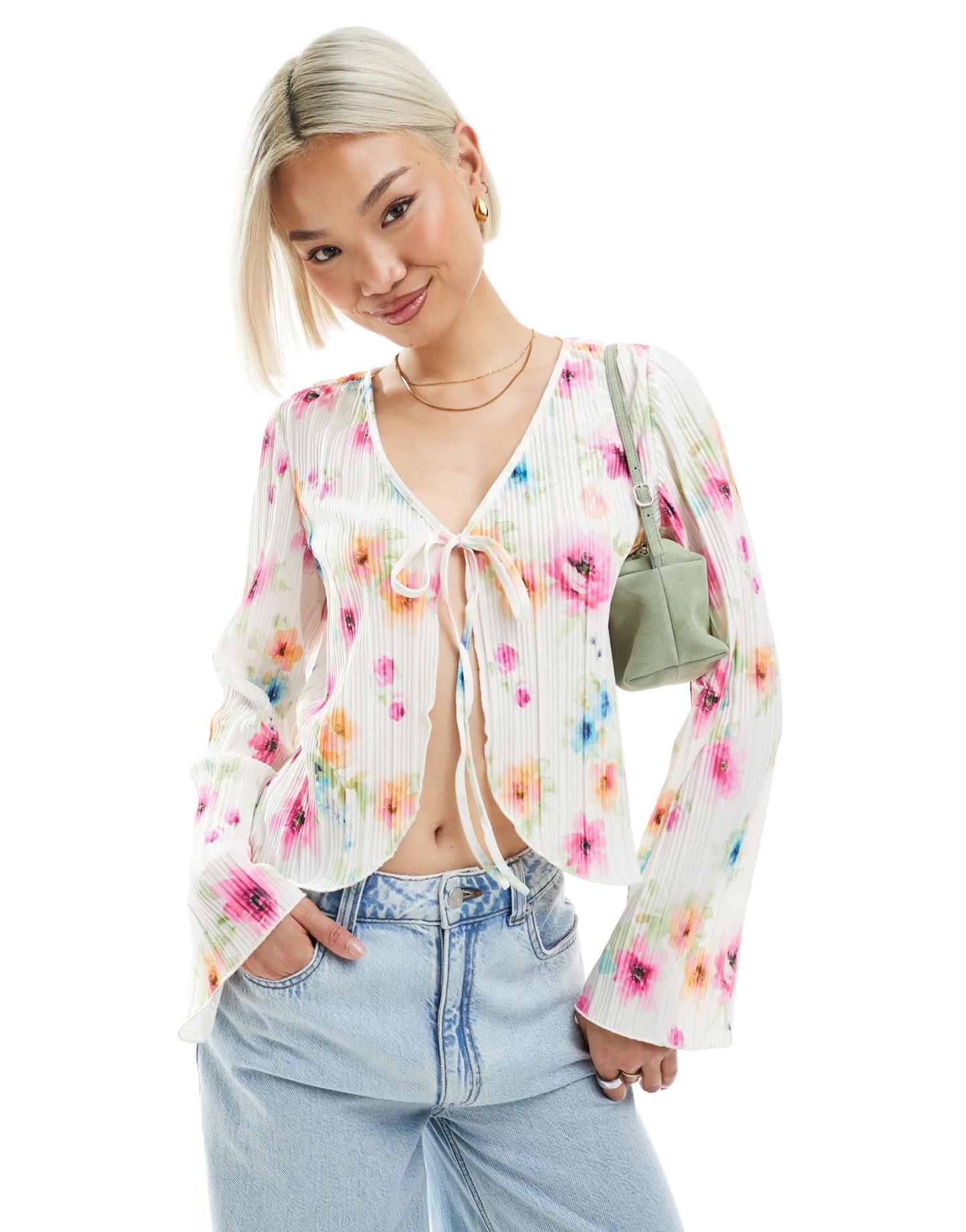 Pieces plisse long sleeve tie front top in white floral print - ASOS Sample Sale