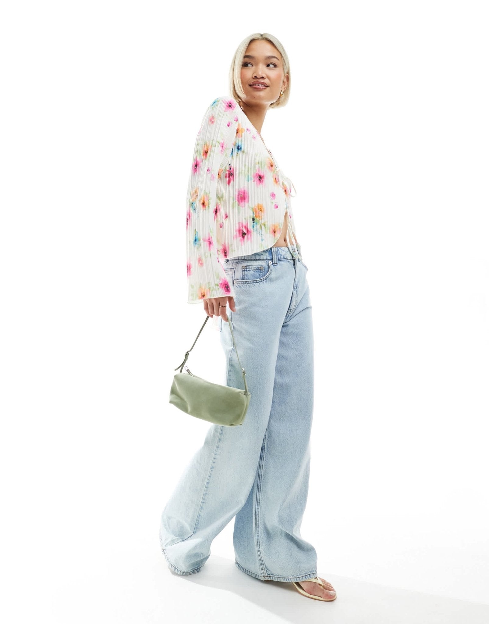 Pieces plisse long sleeve tie front top in white floral print - ASOS Sample Sale