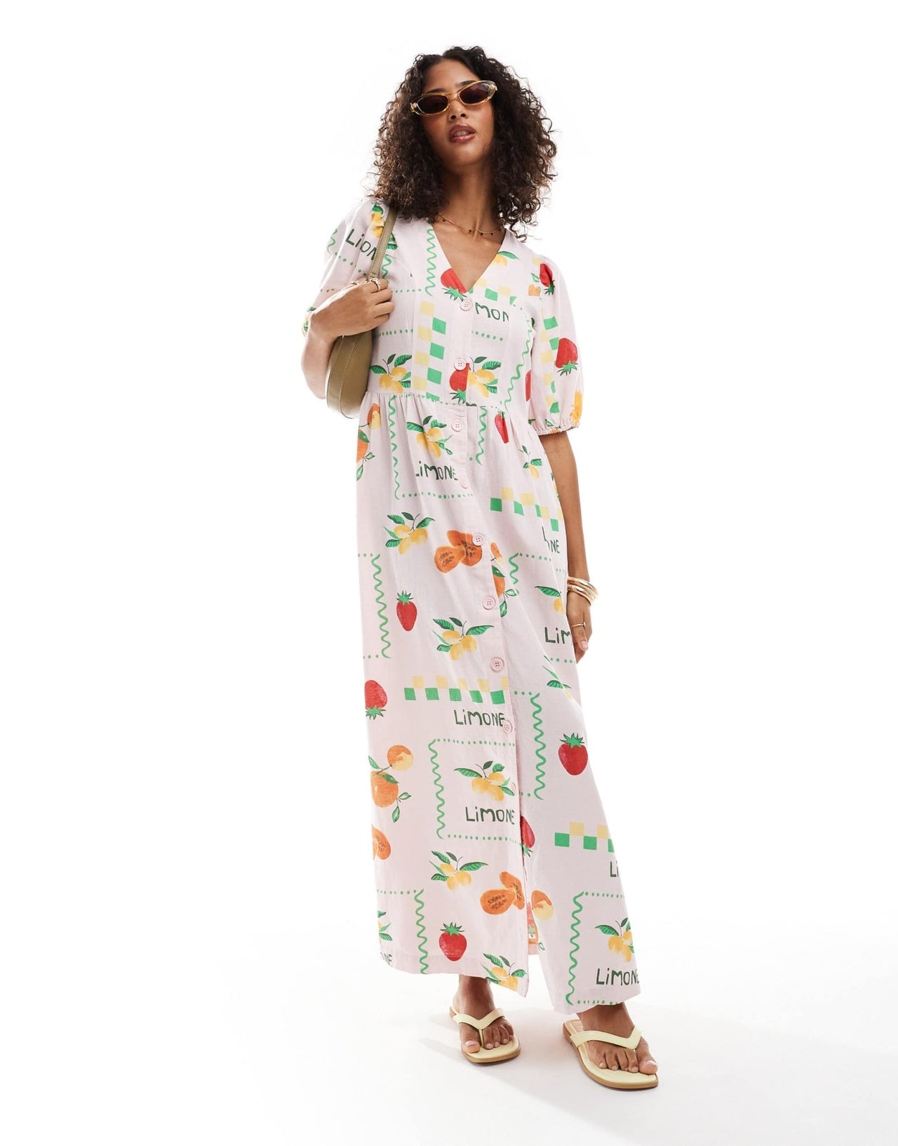 Pieces puff sleeve button frontmaxi dress in pale pink based fruit print - ASOS Sample Sale