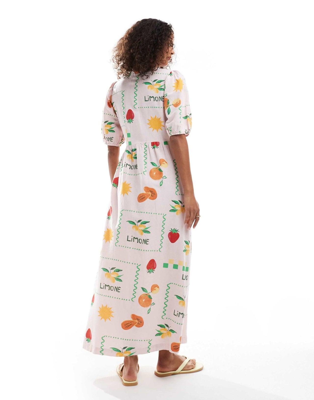 Pieces puff sleeve button frontmaxi dress in pale pink based fruit print - ASOS Sample Sale