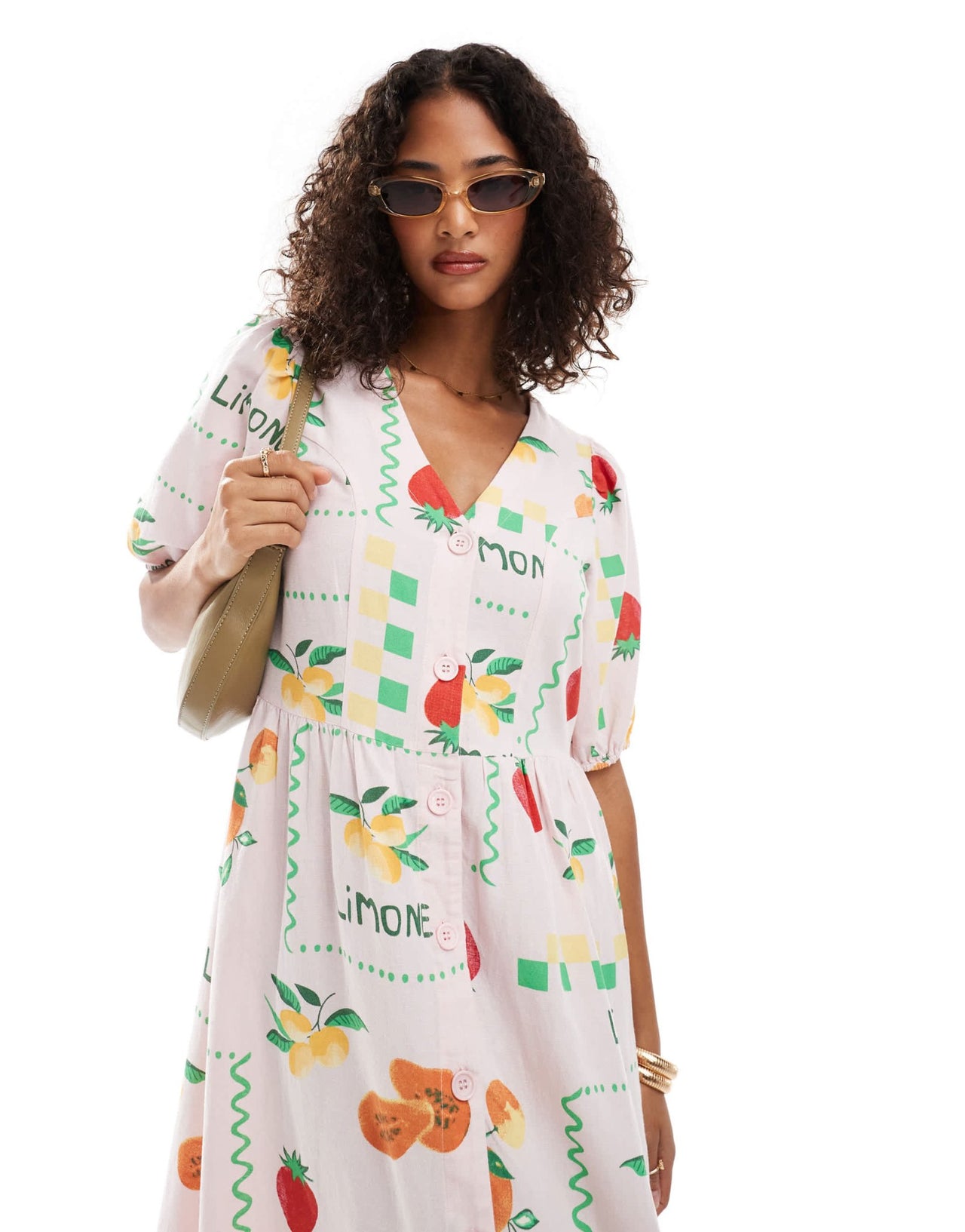 Pieces puff sleeve button frontmaxi dress in pale pink based fruit print - ASOS Sample Sale