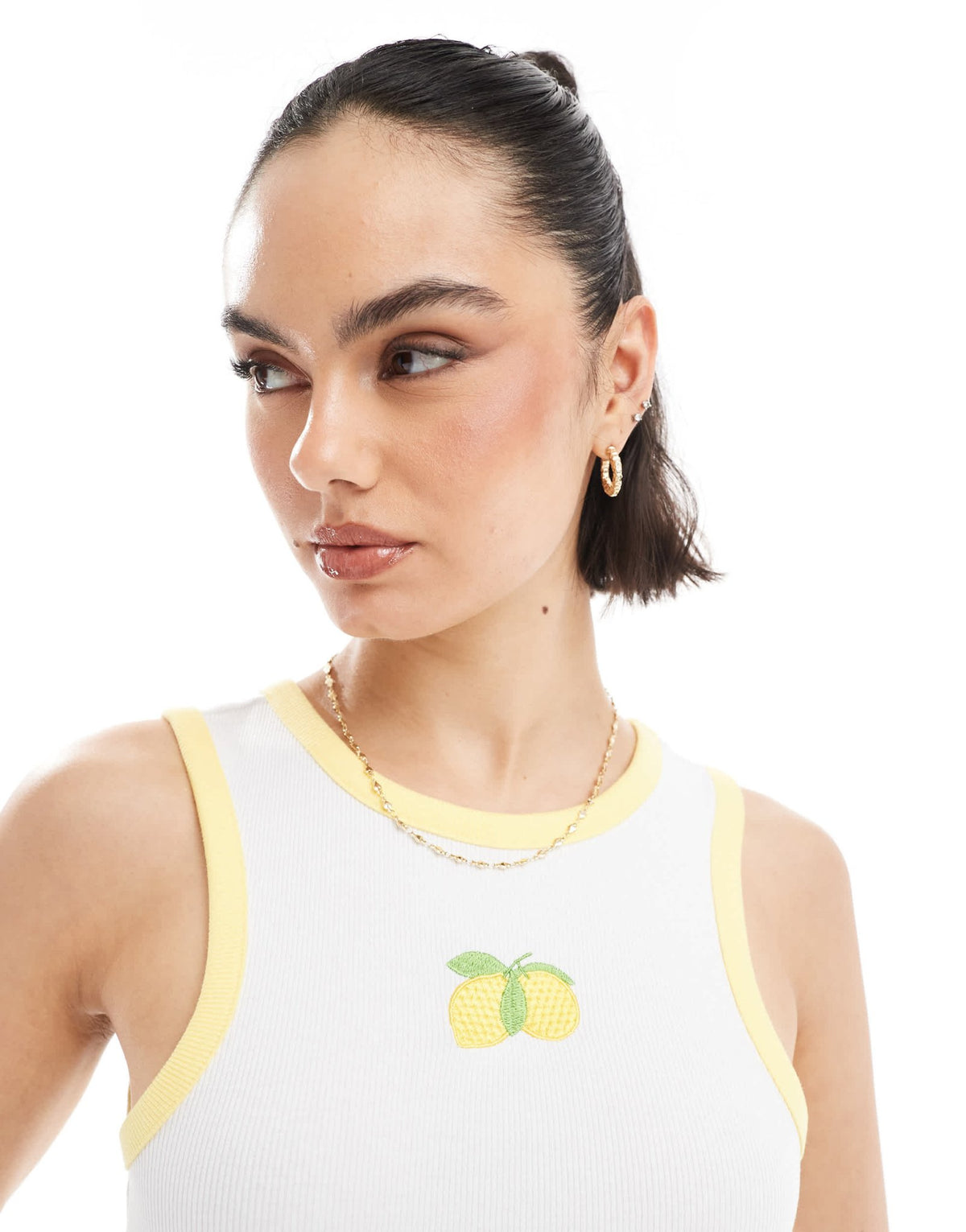 Pieces racer neck vest top with embroiderd lemon graphic in white - ASOS Sample Sale