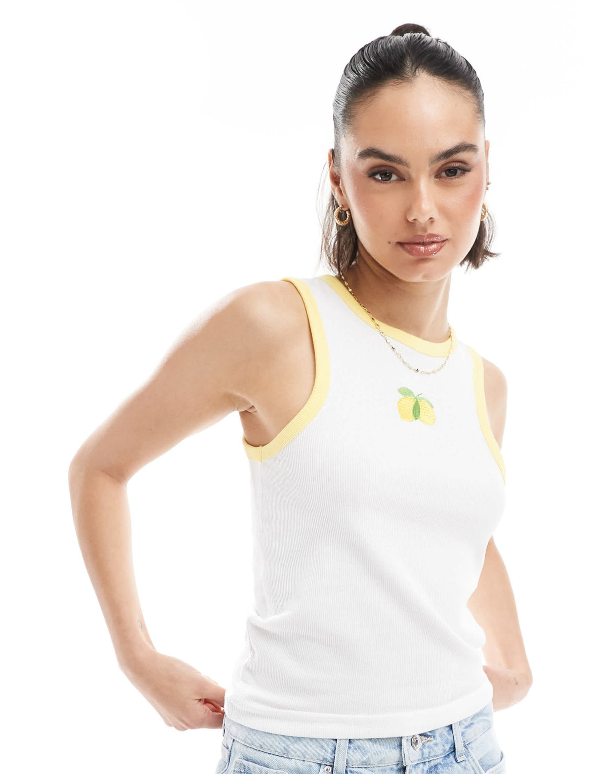 Pieces racer neck vest top with embroiderd lemon graphic in white - ASOS Sample Sale