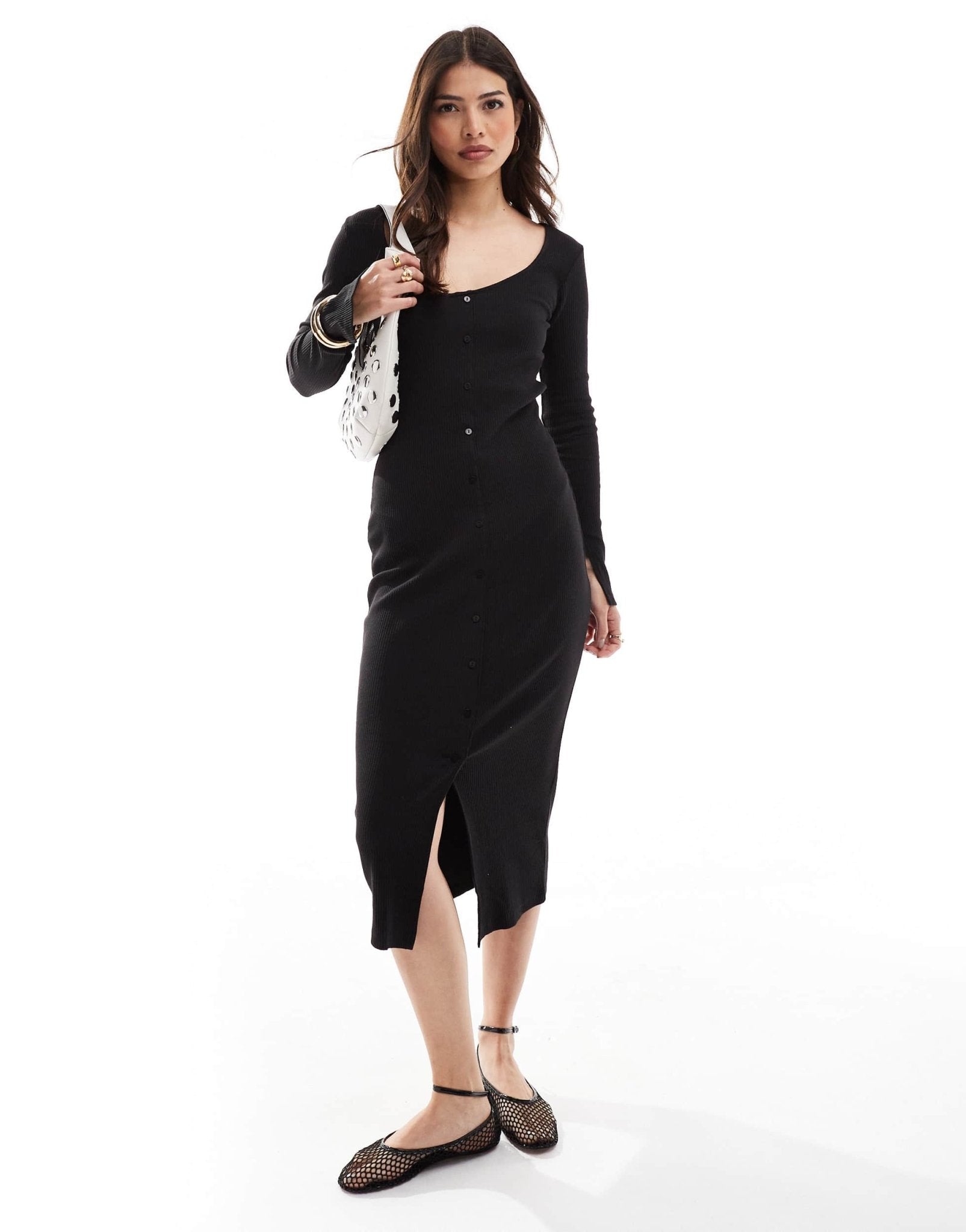 Pieces ribbed button through midi dress with side split sleeves in black - ASOS Sample Sale